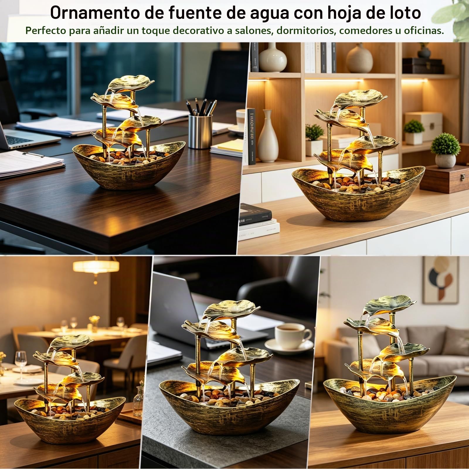 Fuente Agua Decorativa, Fuente de Mesa con Cascada de Hoja de Loto en Lingotes, Fuentes Decorativas de Agua Interior con Iluminación LED para la Decoración del Hogar Oficina Jardín Salón