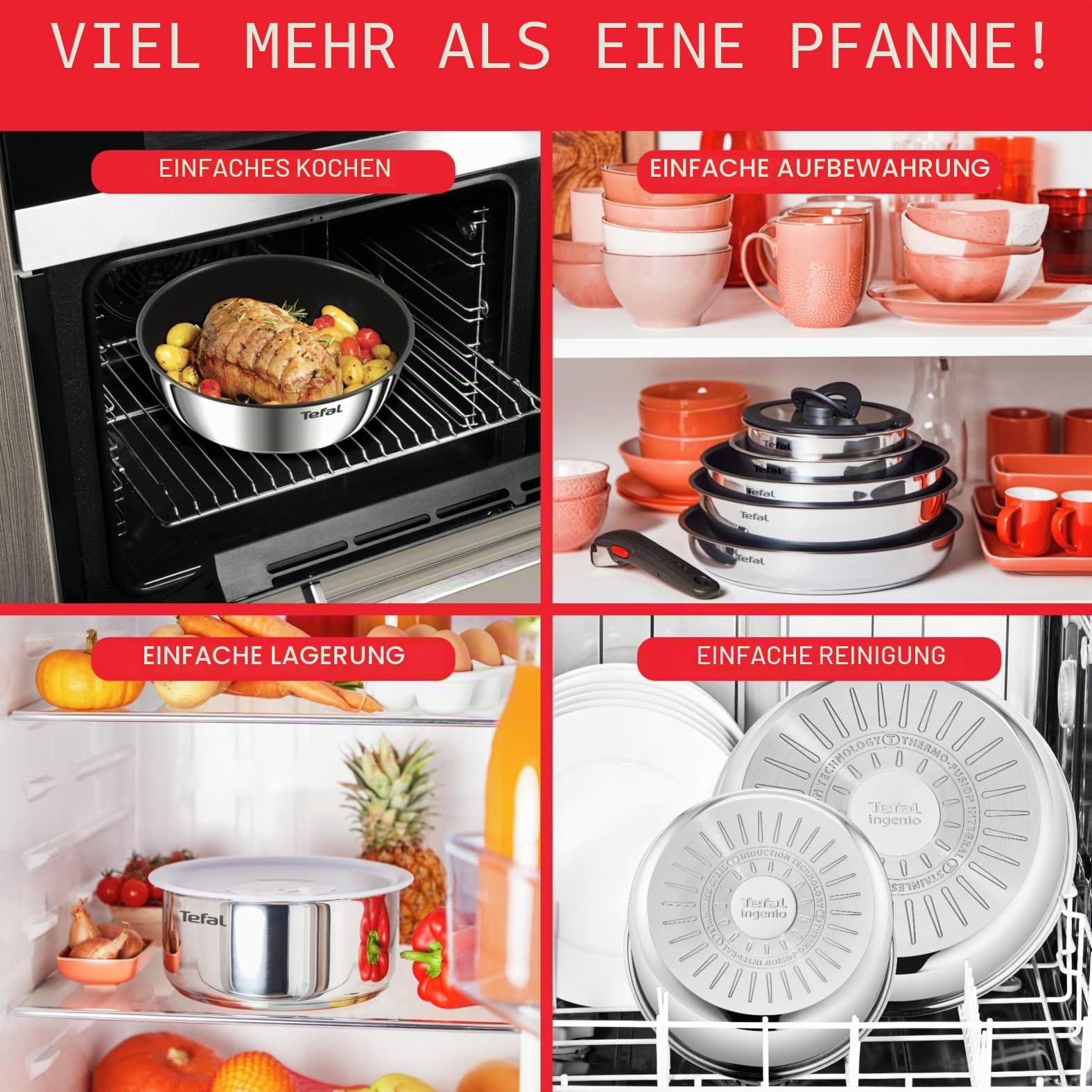 Tefal Ingenio Emotion Kochgeschirr, 13-teilig, Edelstahl, stapelbar, Antihaftbeschichtung, Induktion, L897DS04