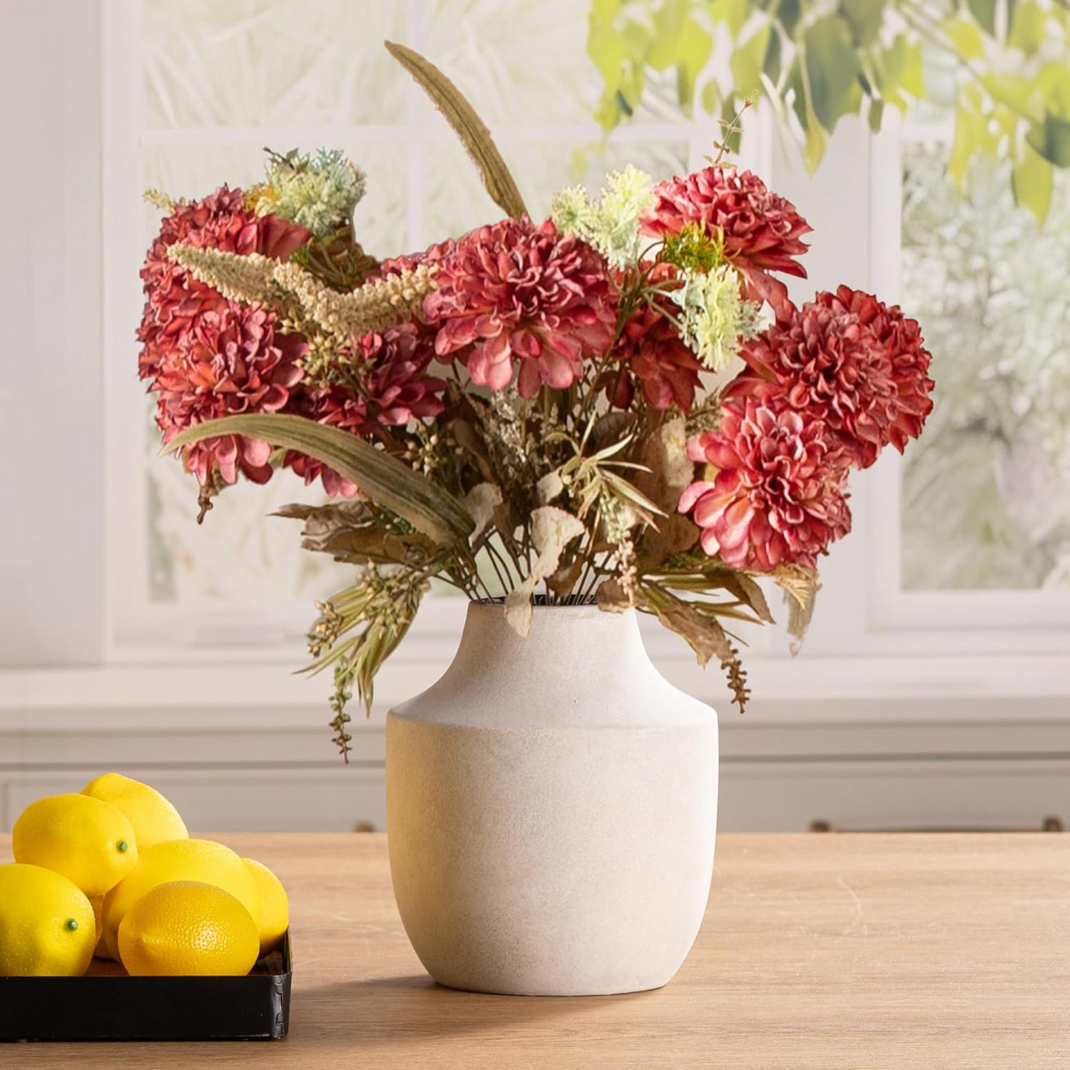 Ceramic Flower Vase, 7.5 inch Off-White Farmhouse Rustic Vase, Handcrafted Weathere...