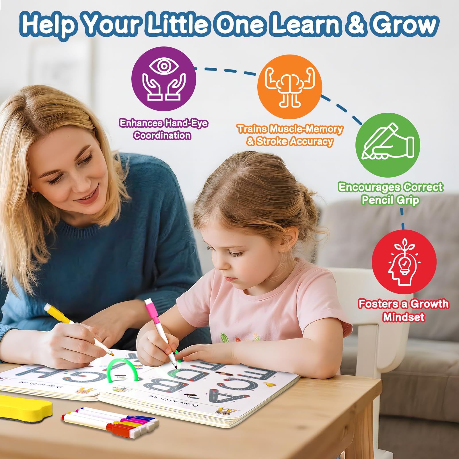 Handwriting Tracing Book - Pen Control Practice Training Books Kit, 296 Reusable Pages with Dry Erase, Alphabet | Count | Draw with Dots, Preschool Learning Activities 4-Stage Workbooks — Amazon image 8