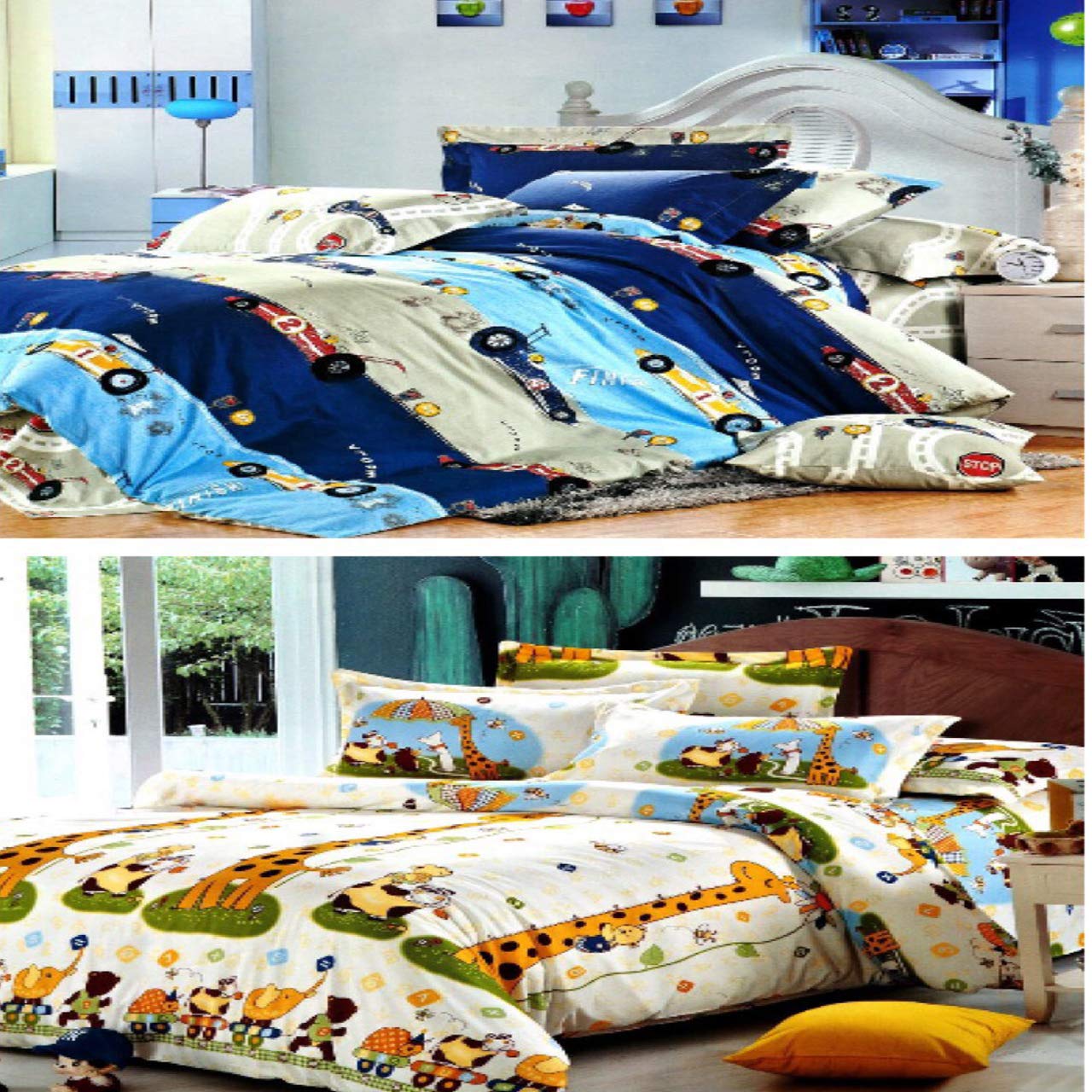 Sky Tex Super Saver Combo of 2 Kids (Go Kart & Girrafe) Printed 3D Glace Cotton Queen Size Double Bed Sheet with 4 Pillow Covers (Buy This Combo & Get 1 N - 95 Mask Free)-picture-31