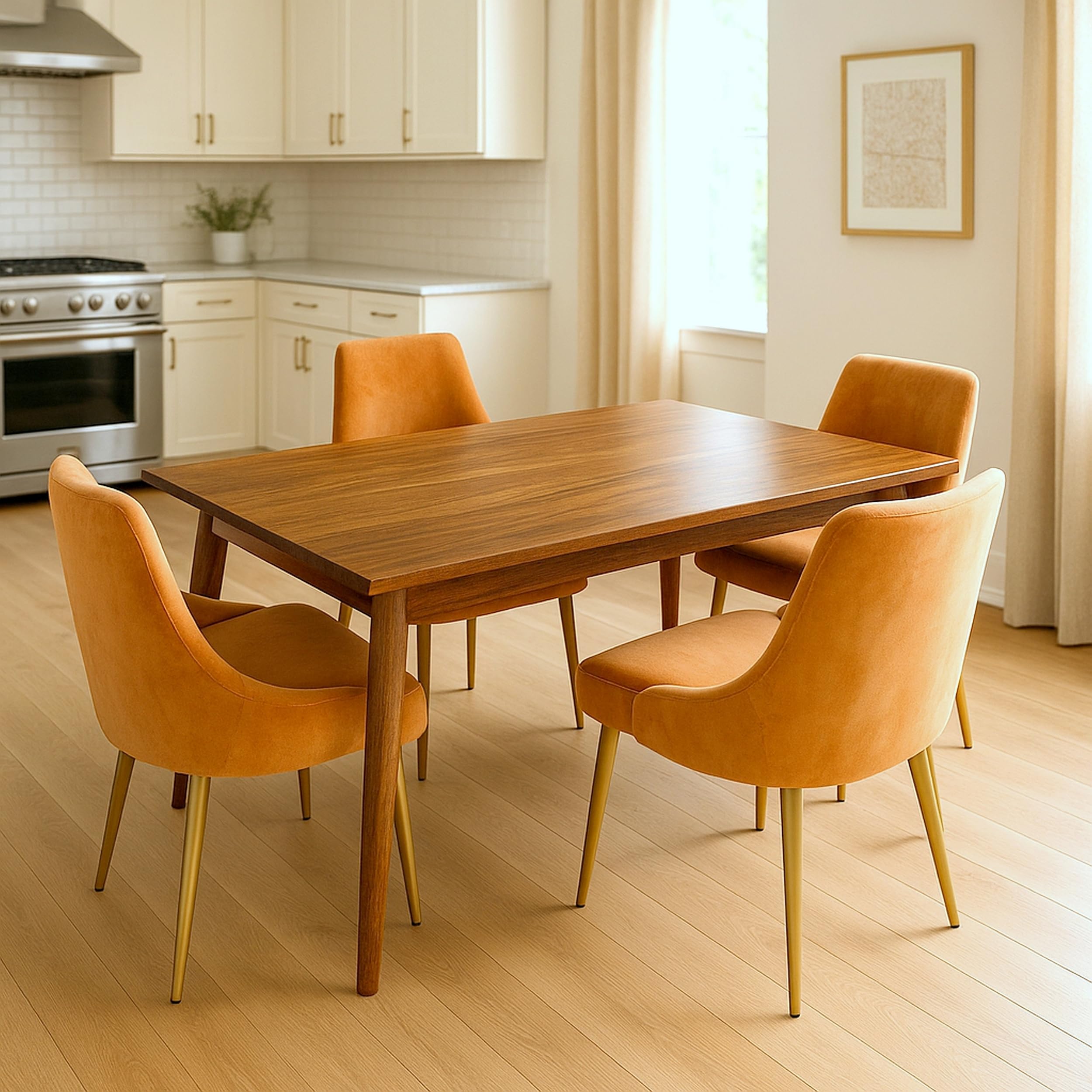 Ikiriya Oakmont Sheesham Wood Mid Century 4 Seater Dining Table Set with Teak Finish & Peach Velvet Cushioning for Dining Room | Home | Café | Resort | Hotel-picture-11