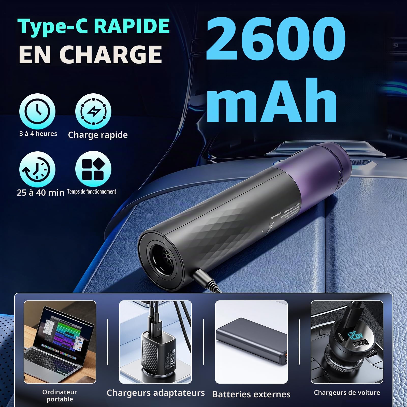 Aspirateur à Main,18000 Pa Aspirateur Voiture sans Fil,avec aspirateur,gonflage, vidage,soufflage,2 Niveaux,Rechargeable Portable Mini Aspirateur pour d'animaux, Voiture, Maison,Bureau (Noir)