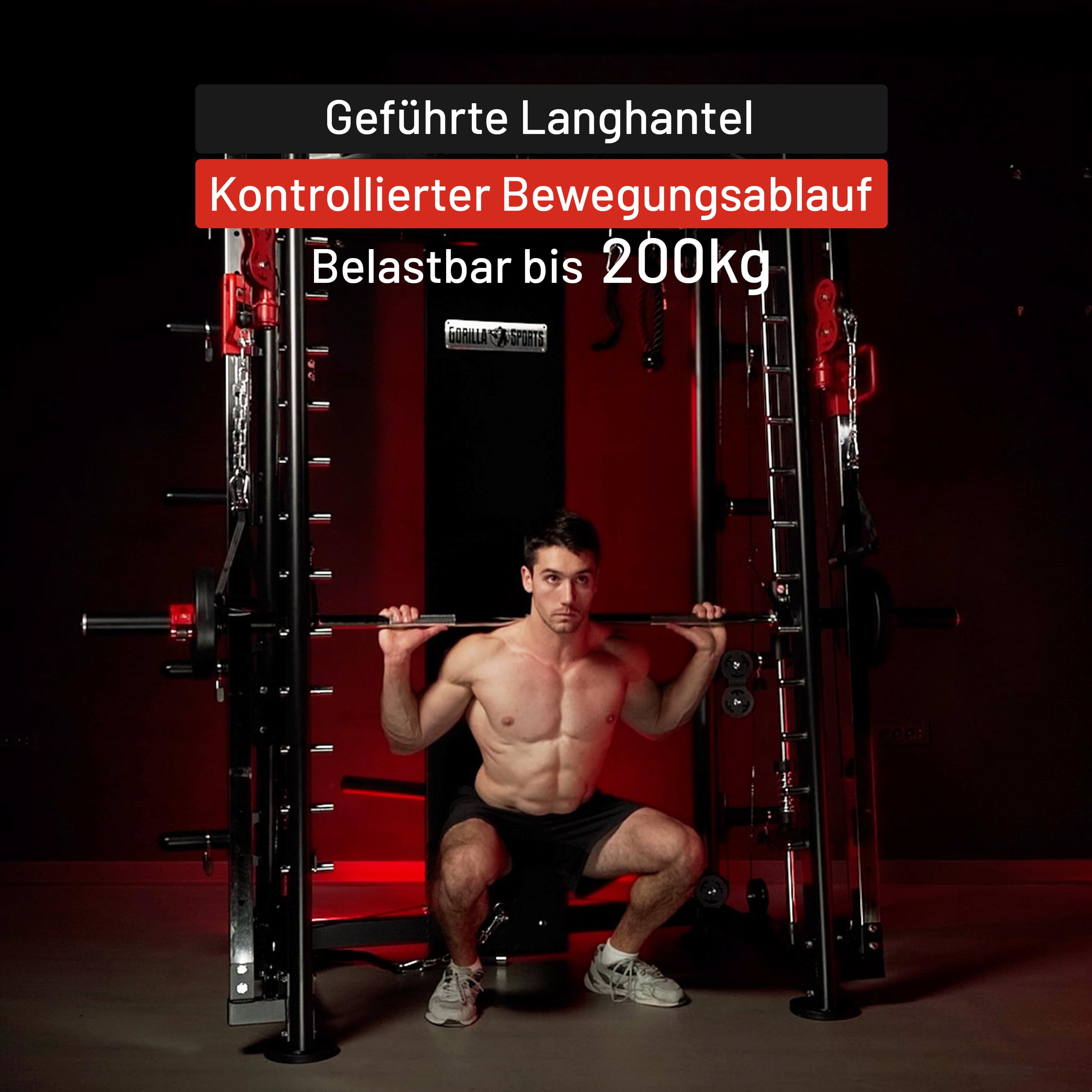 GORILLA SPORTS® Smith Maschine - mit Klimmzug, Rudern, Dip Station, Bizeps/Trizepsgriff, Langhantel und Hantelscheiben Aufnahme, Verstellbar, Stahl - Multipresse, Power Rack, Kraftstation, Power Cage