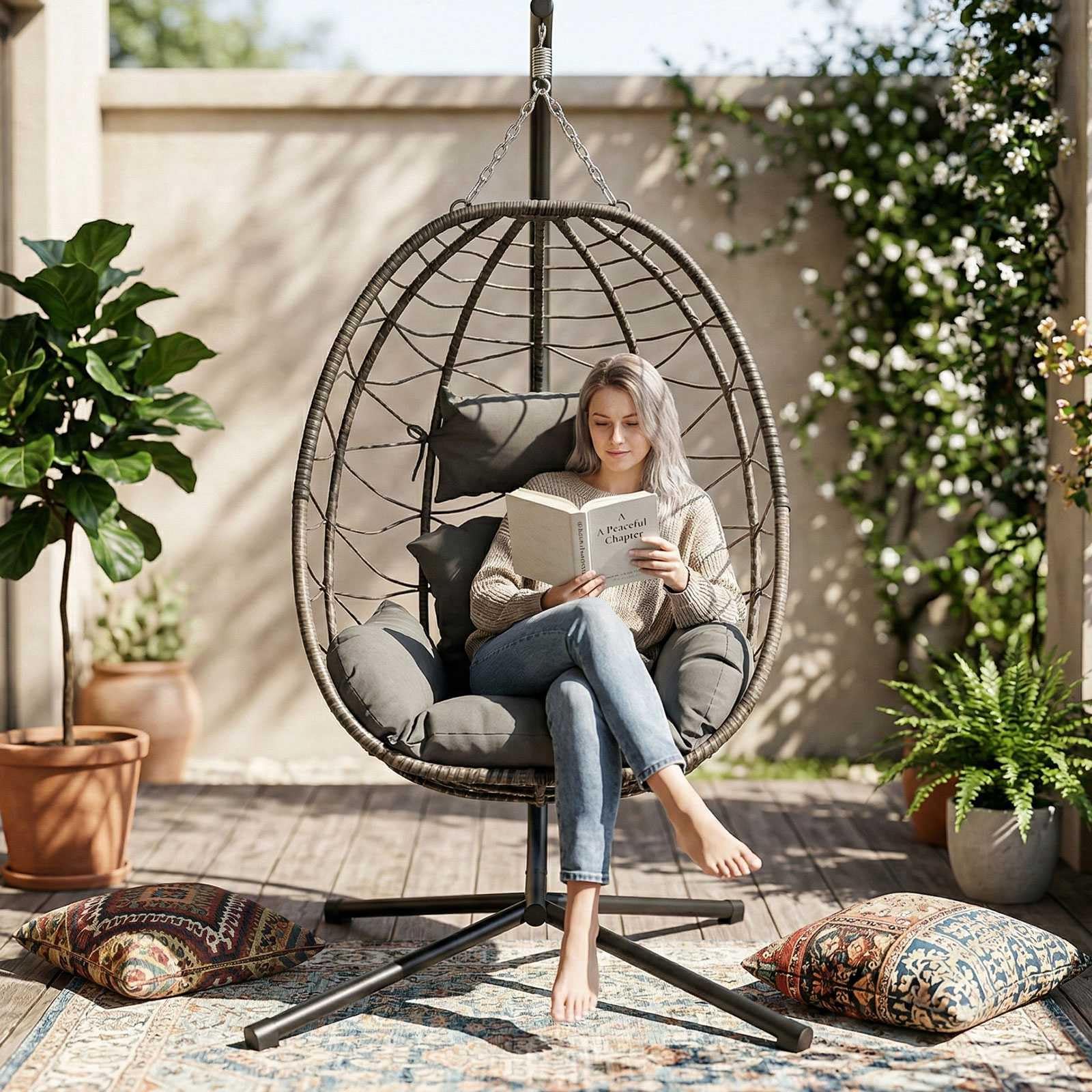 Birchtree Single Hanging Egg Chair W/ Stand Garden Swing Hammock Chair Patio Pe Rattan from B&Q