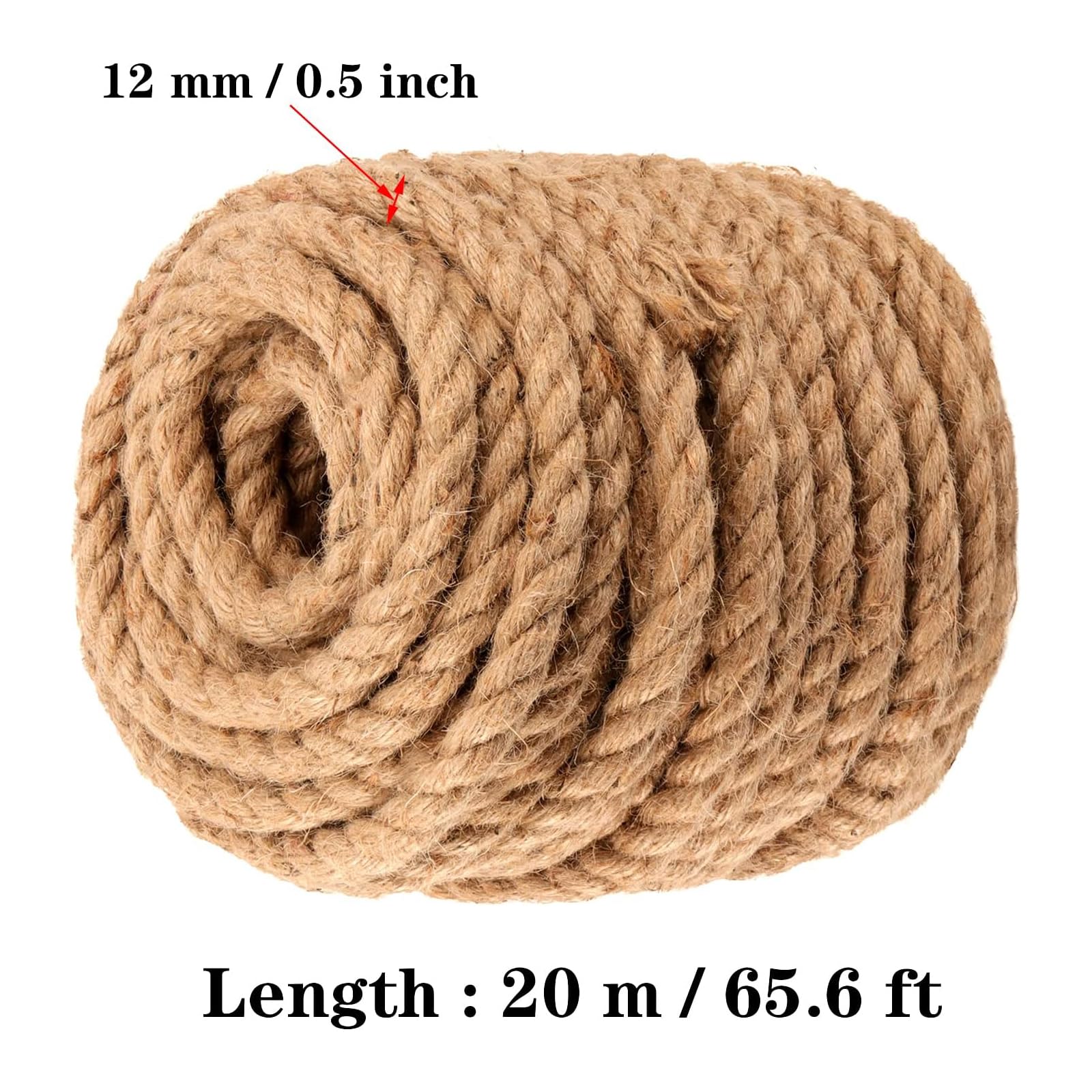 20 m x 12 mm naturalna lina jutowa, 4 sznurki juty, skr?cona lina jutowa, pleciona lina konopna, sznurek jutowy do majsterkowania, pakowania, wi?zania ogrodu, dekoracji