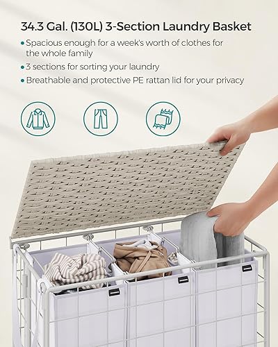 Miniatura 3 de SONGMICS Cesta para la ropa sucia, cesta de lavandería de 130 litros con ruedas, cesta de ropa de 3 secciones con tapa de ratón, bolsa de forro
