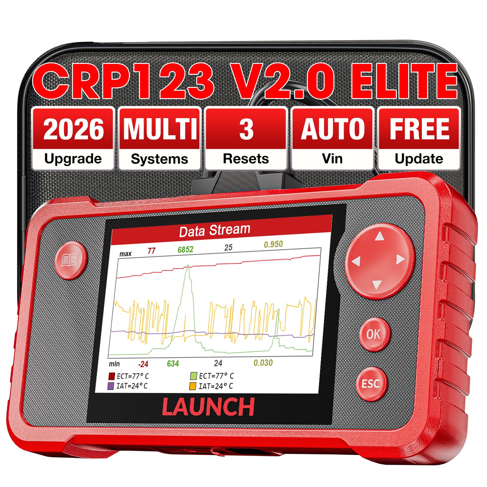 CRP123 V2.0 OBD2 Scanner-2026 New Model Engine/ABS/SRS/Transmission Diagnostic Scan Tool SRS Airbag Code Reader,3 Reset Oil Service/Throttle Relearn/SAS Reset,Lifetime Free Update