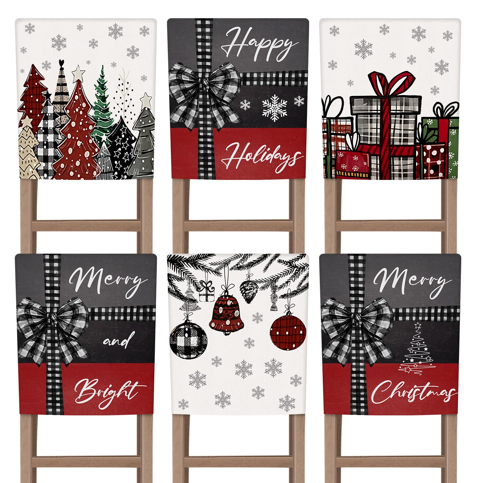 Shellwei 6 Pcs Christmas Chair Covers 18.1 x 21.7 Inches Christmas Trees Snowflake Gift Box Print Decorative Merry Seat Covers Dining Slipcovers for Xmas Party Kitchen Wedding Party Decor