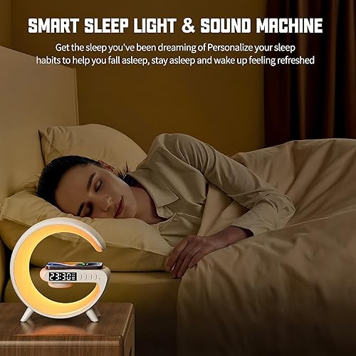 Miniatura 5 de Lámpara de mesa LED con cargador inalámbrico, lámpara de luz nocturna en forma de G con altavoz Bluetooth, reloj despertador de amanecer, mini