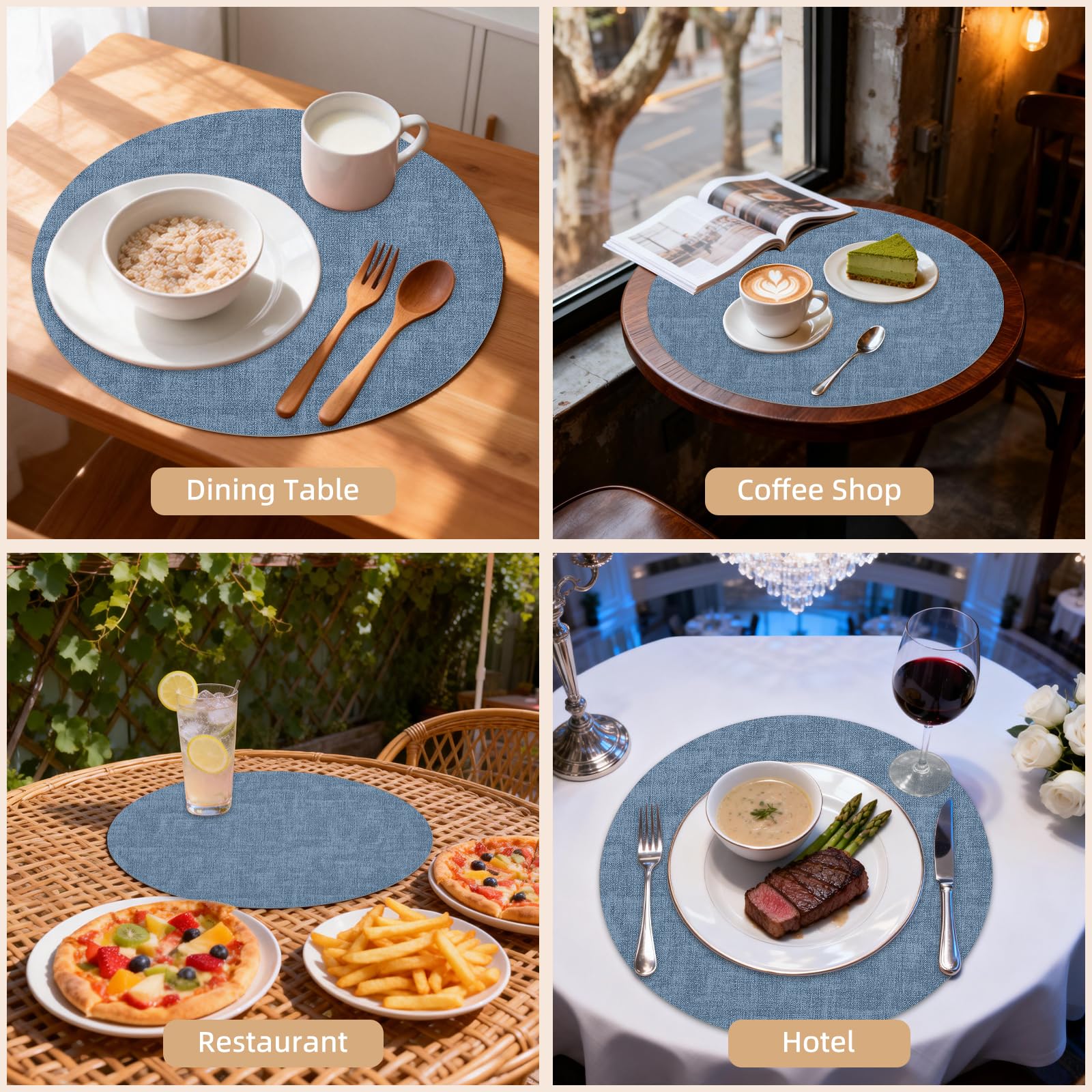 RoiYeel Runde Tischsets Leder 6er Set, Kunstleder Platzset Abwaschba, Doppelseitig, Wasserdicht, rutschfest, Hitzebeständig, Pflegeleicht, Tischmatten Platzdeckchen 33×33 cm für Küche – Blau/Grau Küche, Haushalt & Wohnen