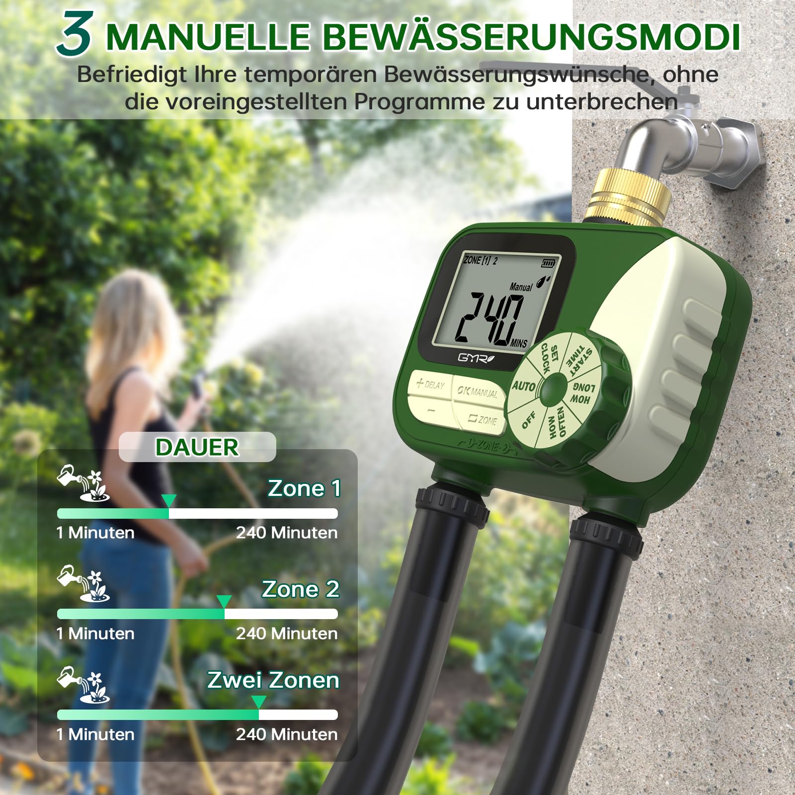 GMR Bewässerungscomputer mit Messingeinlass, Bewässerungssteuerung für Gartenschlauch, Bewässerungsuhr mit Regenverzögerung/Manuell/Automatisch, Bewässerungssystem für Garten, 2 Ausgänge