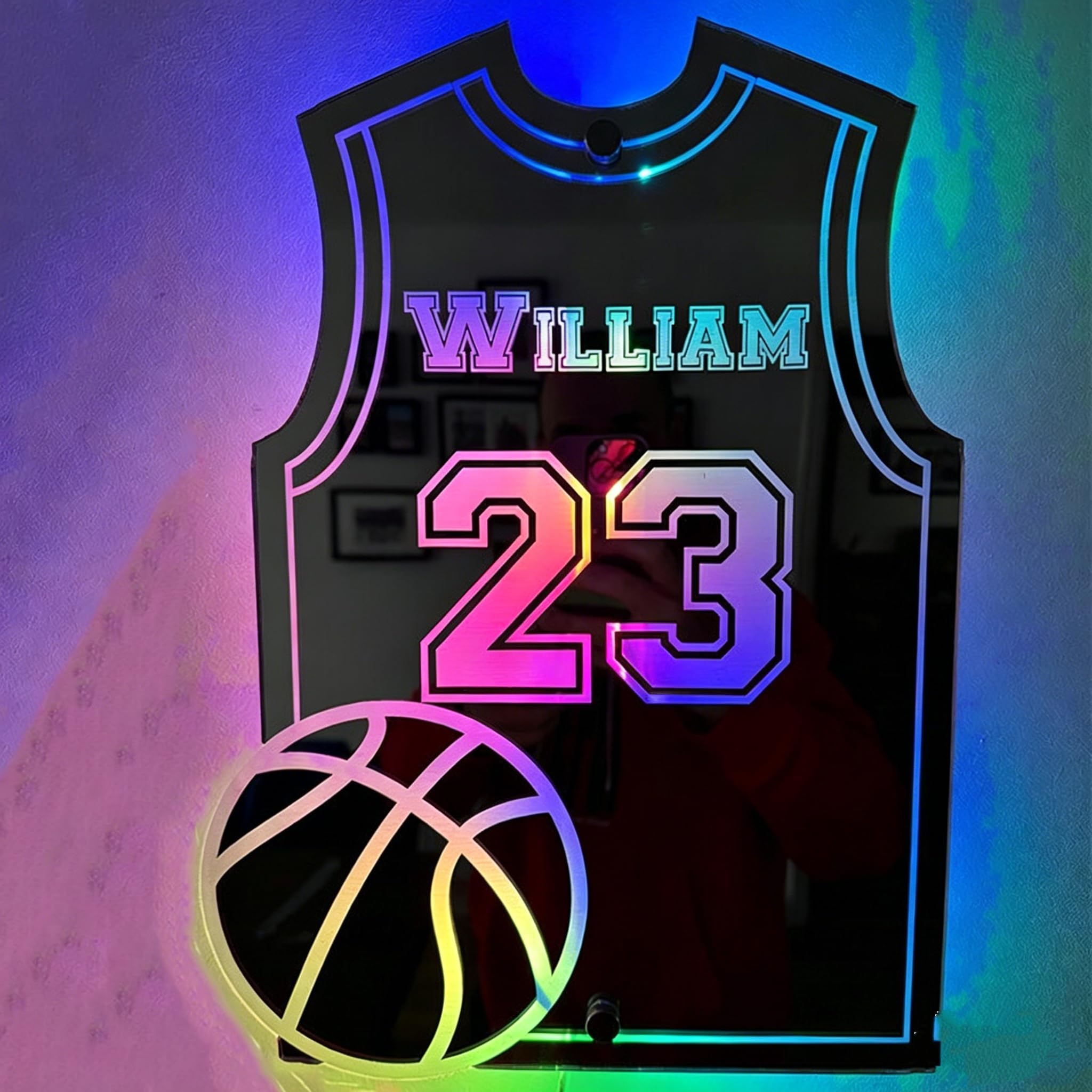 Custom Basketball Neon Signs Personalized Name Number Basketball Jersey LED Mirror Light Up Sign for Bedroom Bar Man Cave Decor Dimmable Neon Light for Kids Friends Birthday Gift