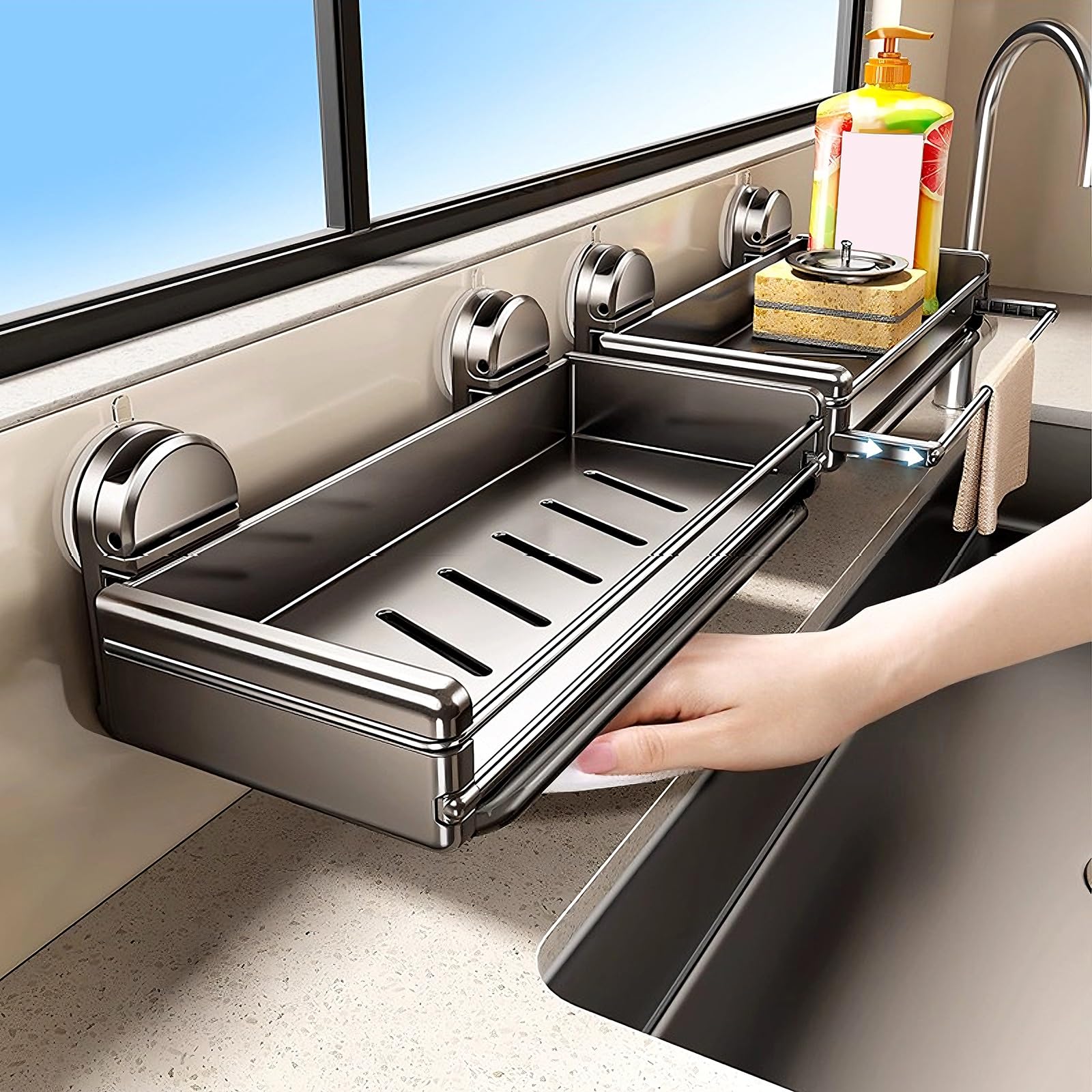 Kleiner Spülbecken Organizer mit Saugnapf Küchenorganizer mit Ausziehbarer Aufhängestange und Abtropfschale Schwammhalter Spülbecken aus Karbonstahl für Küche, Bad, Balkon(White)