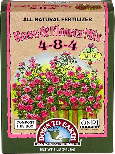 Down to Earth - Fertilizante natural para rosas y flores, mezcla 4-8-4, 1 libra Mini caja de alimento orgánico para plantas, rosas, bulbos y plantas