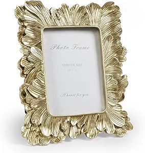 Small Gold Picture Frame 3x5 Frames, Vintage Gold Palm Leaves Textured Hand-Crafted Resin with Glass Front Elegant Retro Vintage Design Photo Frame for Wall and Tabletop Display Home Decor