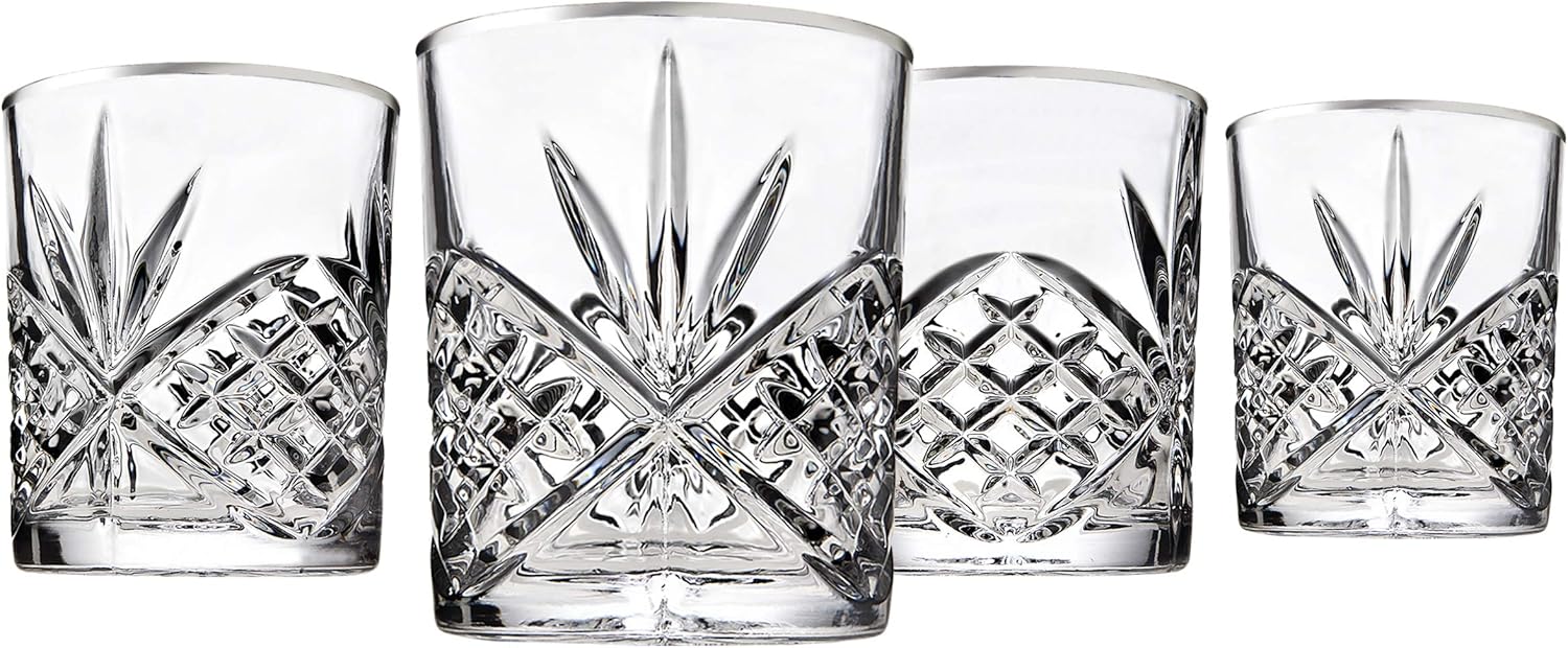 Godinger Double Old Fashioned Glasses, Beverage Glass Cups, Drinking Glasses, Dublin, Platinum Rim, Set of 4