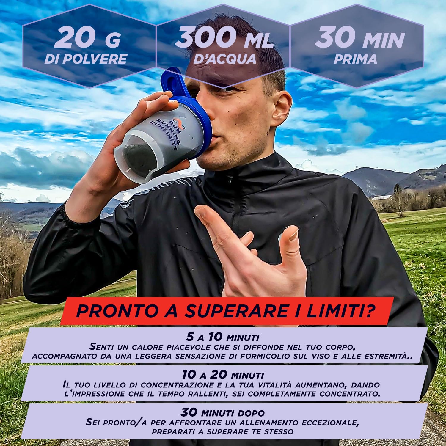 Pre Workout Runfinity – Booster di Energia a Lunga Durata: 4 Ore di Efficacia – Prestazioni Massime – Resistenza, Potenza & Concentrazione – Formula Premium con Ingredienti Brevettati