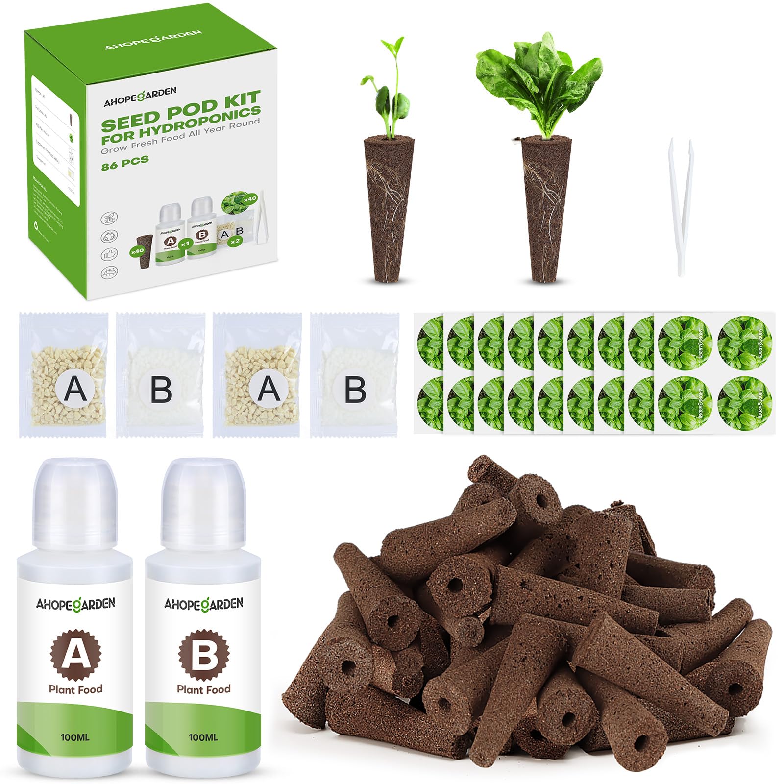 Ahopegarden 86PCS Hydroponic Pods Kit: Grow Anything Herb Kits with 600ml A&B Plant Food, 40 Grow Sponges, 40 Labels, 1 Tweezer - Hydroponics Supplies for Aerogarden&Most Brand Herb Garden