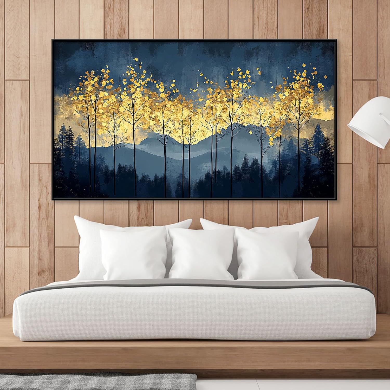 Abstract Forest Canvas Wall Art, Golden Trees Canvas Art, Dark Forest Decor, Abstract Golden Forest Wall Art, Dark Blue Wall Art, Framed Canvas Print, Canvas Wall Art for Living Room (Black Framed, 36"x20"|92x52cm)