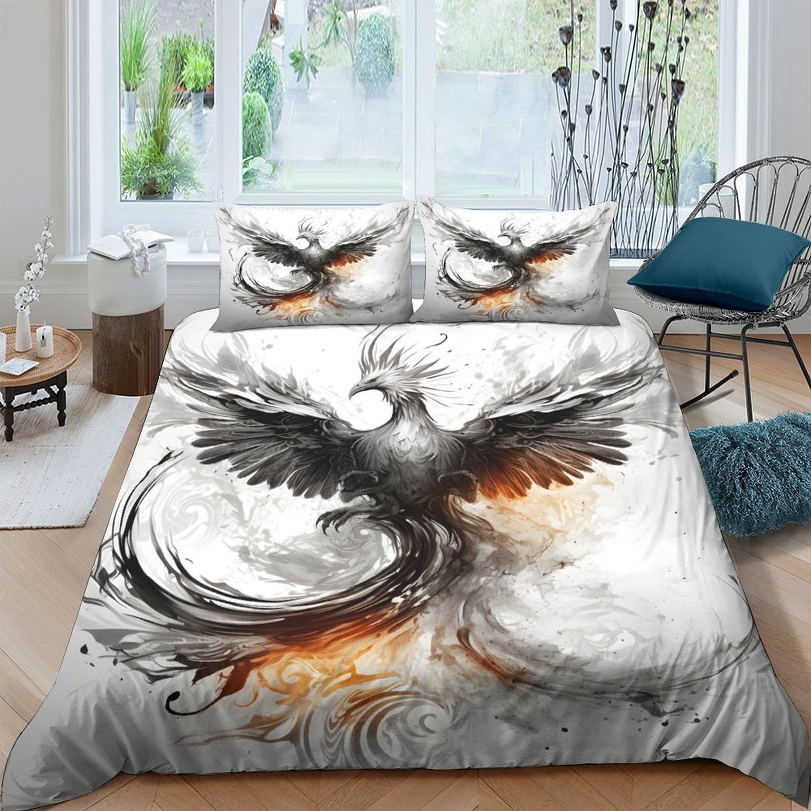 GPLZQXKJNH 3D Printed Phoenix Fire Duvet Cover Microfiber Soft Breathable Abstract Bird Bedding Set with 2 Pillowcases for Bedroom Decor, Single（135x200cm）