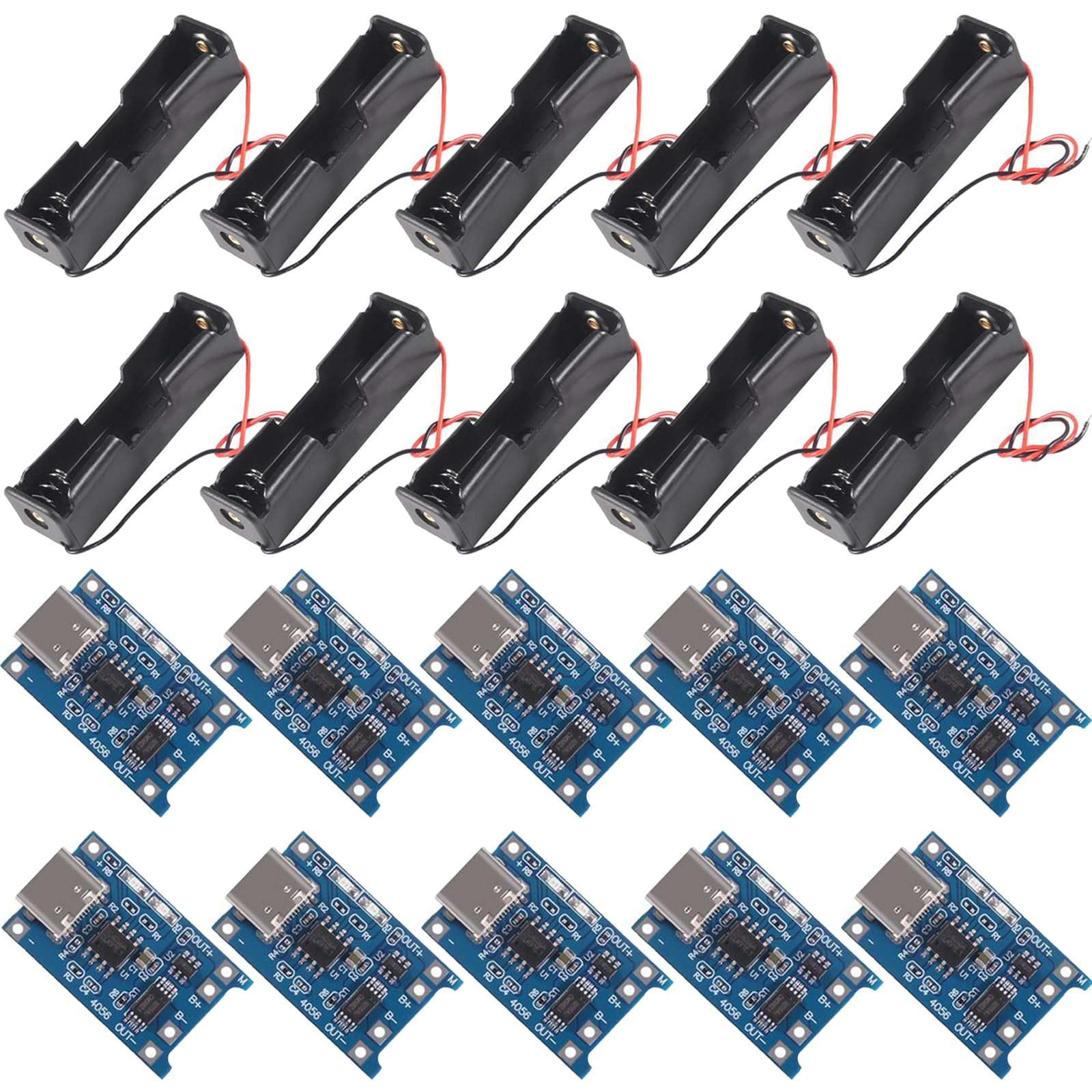 TP4056 Tipo-C USB 5V 1A 18650 Módulo cargador de batería de litio con función de doble protección + 10 soportes de batería 18650