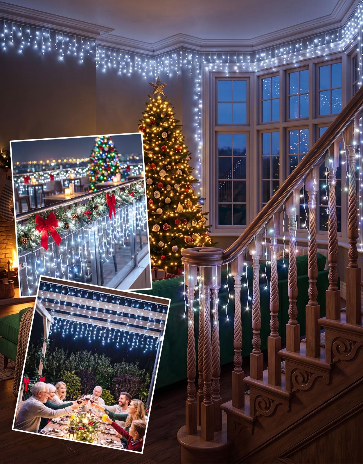 360 LED 18m Solar Eisregen Lichterkette Weiß mit USB | Weihnachten Solar Lichterkette Outdoor 8 Modi Timer，Wetterfest Lichtervorhang mit Fernbedienung für Party Balkon Vorbau
