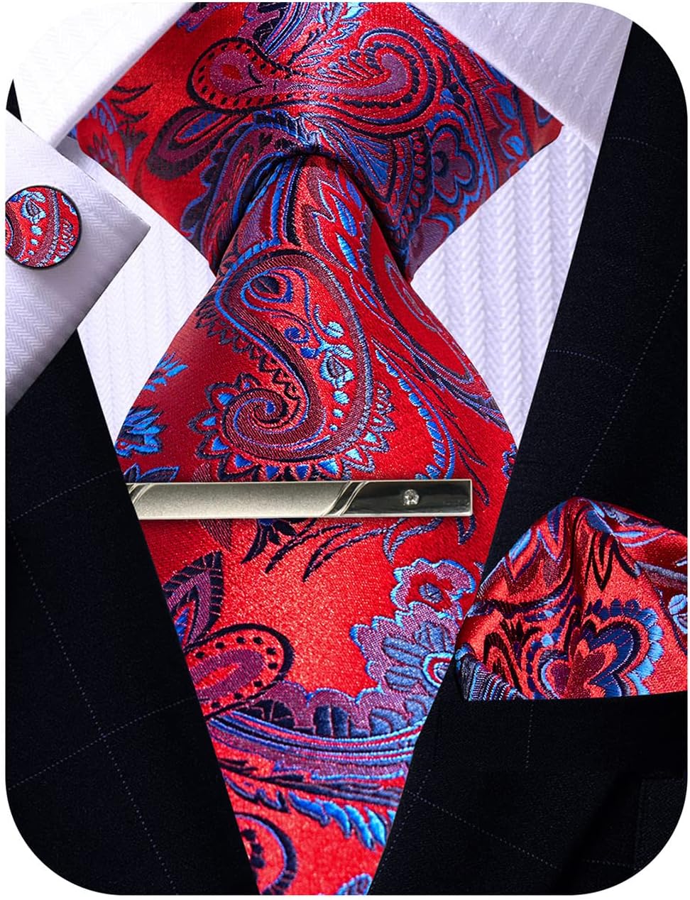 Mens Tie Pocket Square Cufflinks Tie Bar Set, Silk Woven Necktie with Hanky Clip