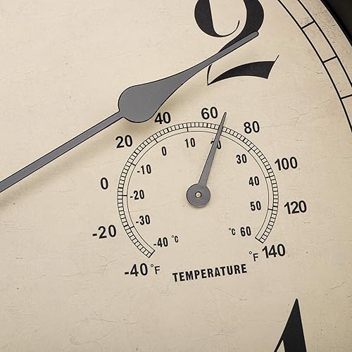 Miniatura 6 de Foxtop Reloj de pared impermeable para interiores y exteriores con termómetro e higrómetro, 12 pulgadas, retro, silencioso, sin tictac, funciona con