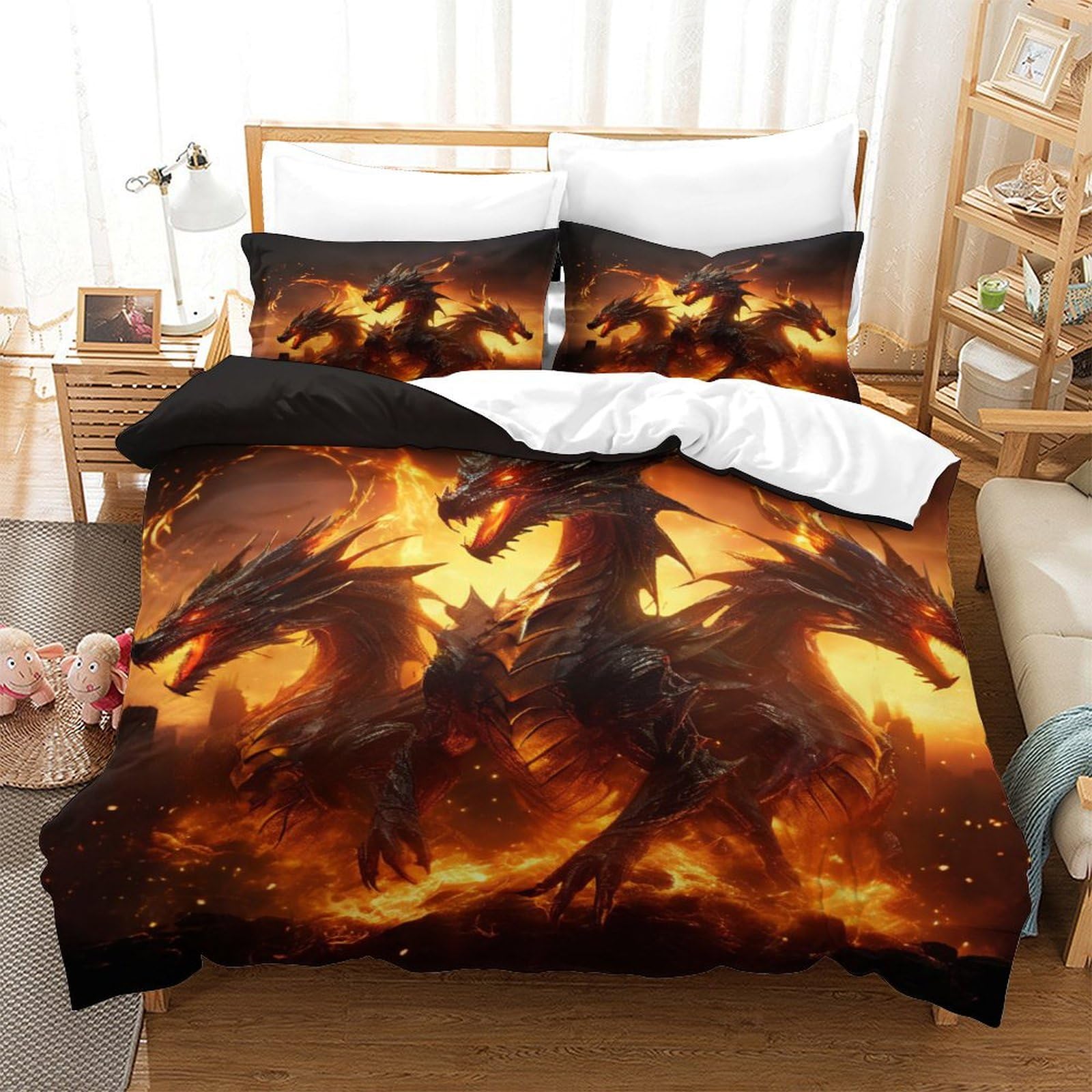 Qpirinmex Flying Dragon-3 Flying Dragon Duvet Cover 3D Quilt Cover Bedding Comforter Cover With Zipper Closure Soft Fiber Apply To Kids Youth Room Decor 3 Piece Set Soft And Comfortable Single（140X200cm）
