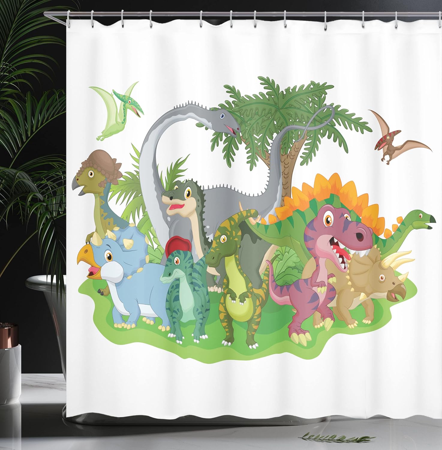 Ambesonne Jurassic Shower Curtain, Cartoon Group Dinosaur Friendship Humor Colorful Happy Smile Creative Jurassic Fun, Cloth Fabric Bathroom Decor Set with Hooks, 69" W x 70" L, Green Grey