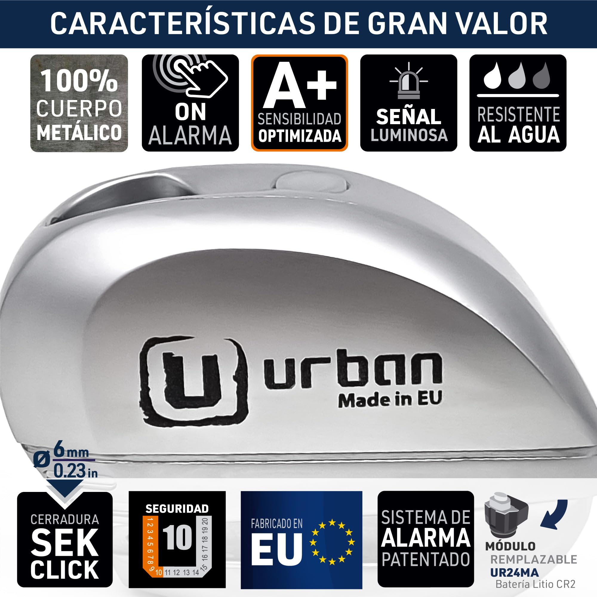 urban UR22 Candado Moto Disco Alarma 120db ON/Off, Warning Avisador, Módulo Remplazable Impermeable, Pila Litio, Universal Motos Scooters Bicicletas Patinetes, Antirrobo Pinza Disco Freno
