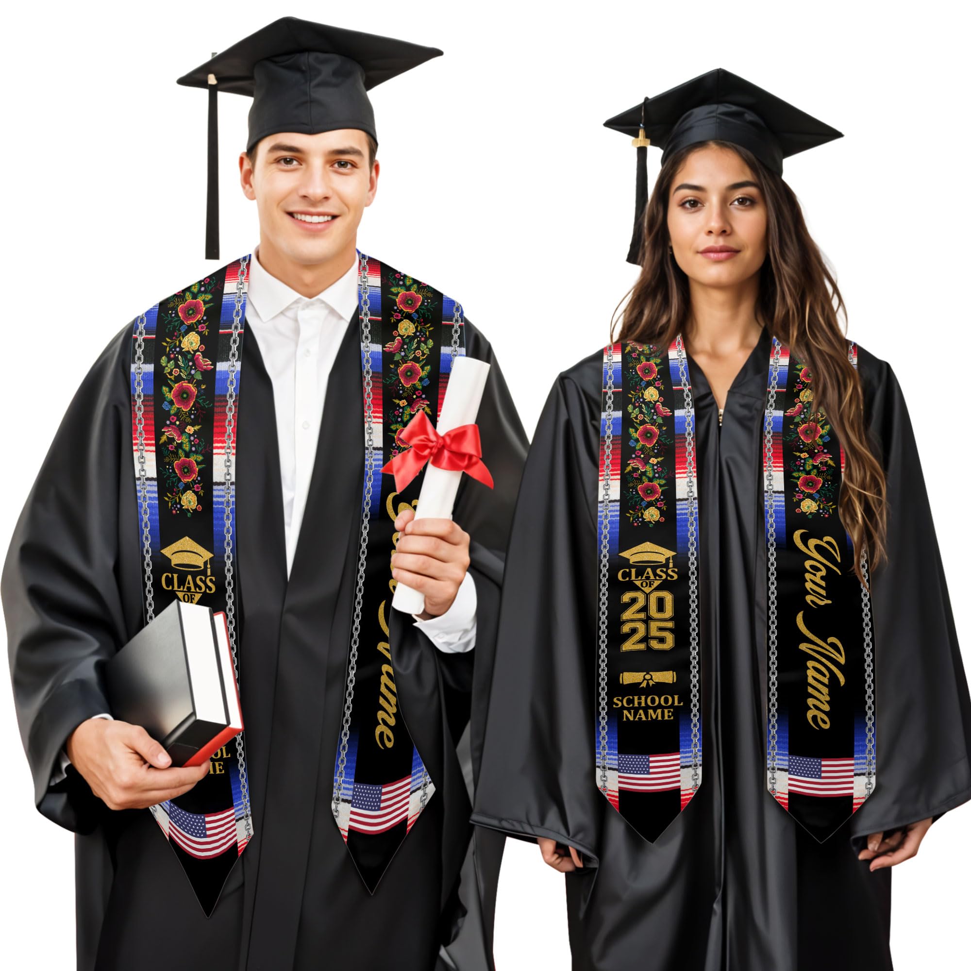 MonkeyVan Personalized USA Graduation Sash, Class of 2025 American Flag Stole Custom Stole for College High School University M16