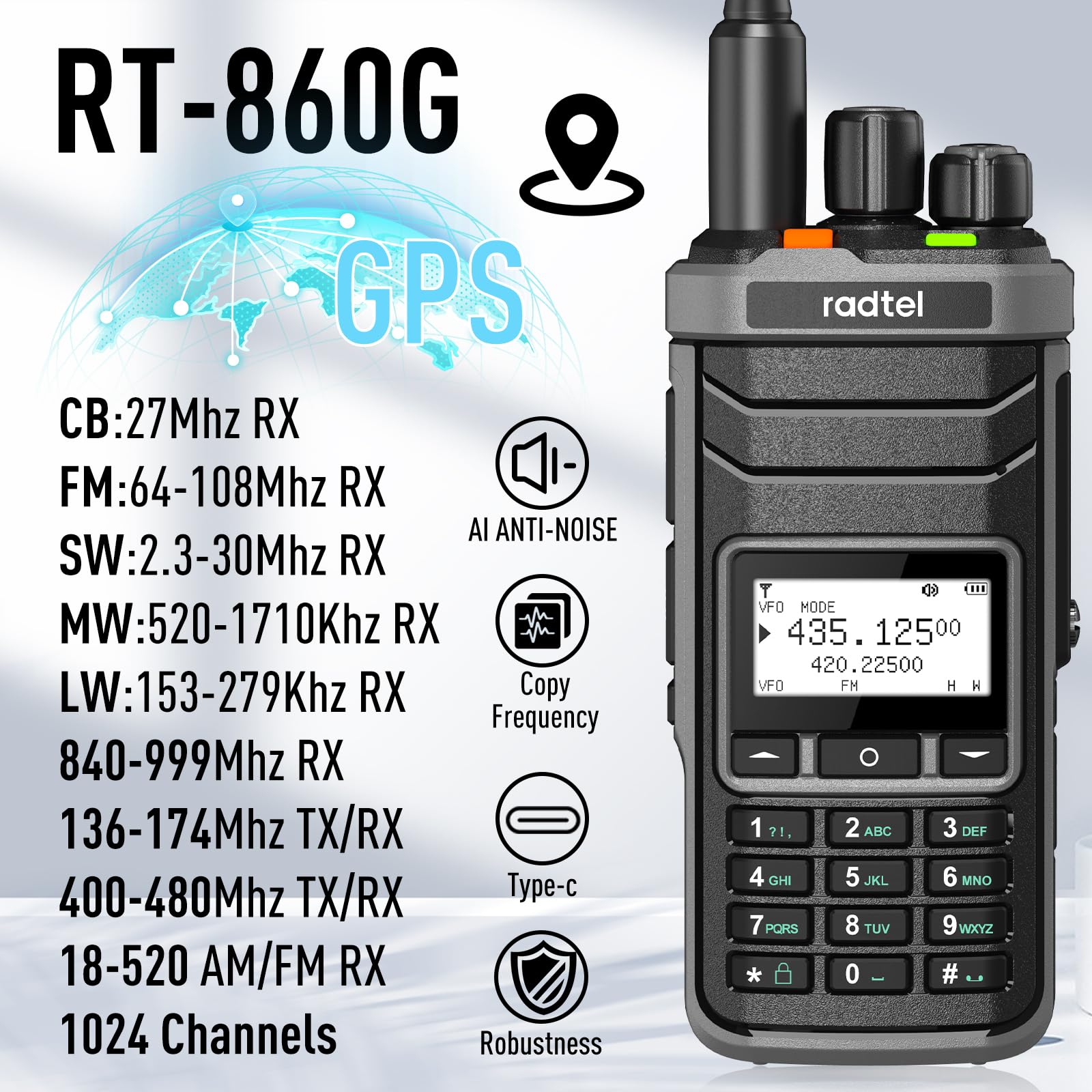 Radtel RT-860G - Radio de jamón multibanda HF UHF VHF Dual Band con AM USB LSB CW CB LW MW SW SSB Recepción, 1024 canales, batería de 2000 mAh, carga tipo C