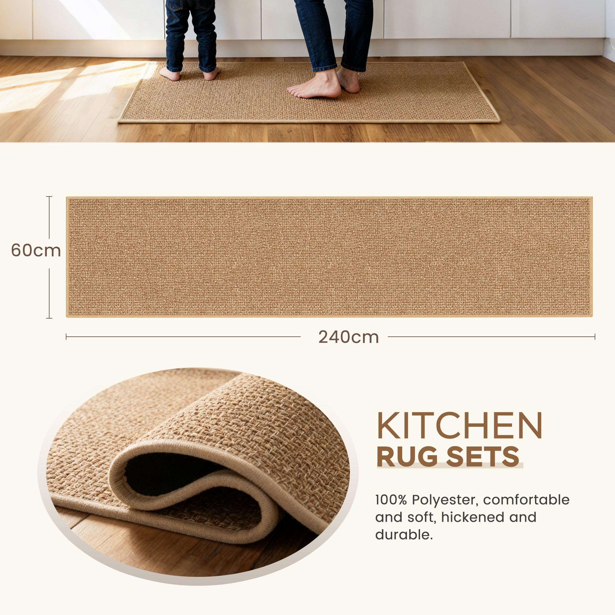 Carvapet Kitchen Mats for Floor, Super Absorbent Kitchen Rugs Non Slip Washable, Rubber Backing Soft Chenille Braided Kitchen Floor Mat Standing Mat Sink Mat(Brown,60 * 240cm)