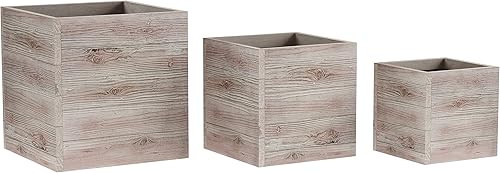 Pure Garden Juego de macetas cuadradas de 3 piezas, macetas rústicas de arcilla de fibra de aspecto de madera con agujeros de drenaje para hierbas,