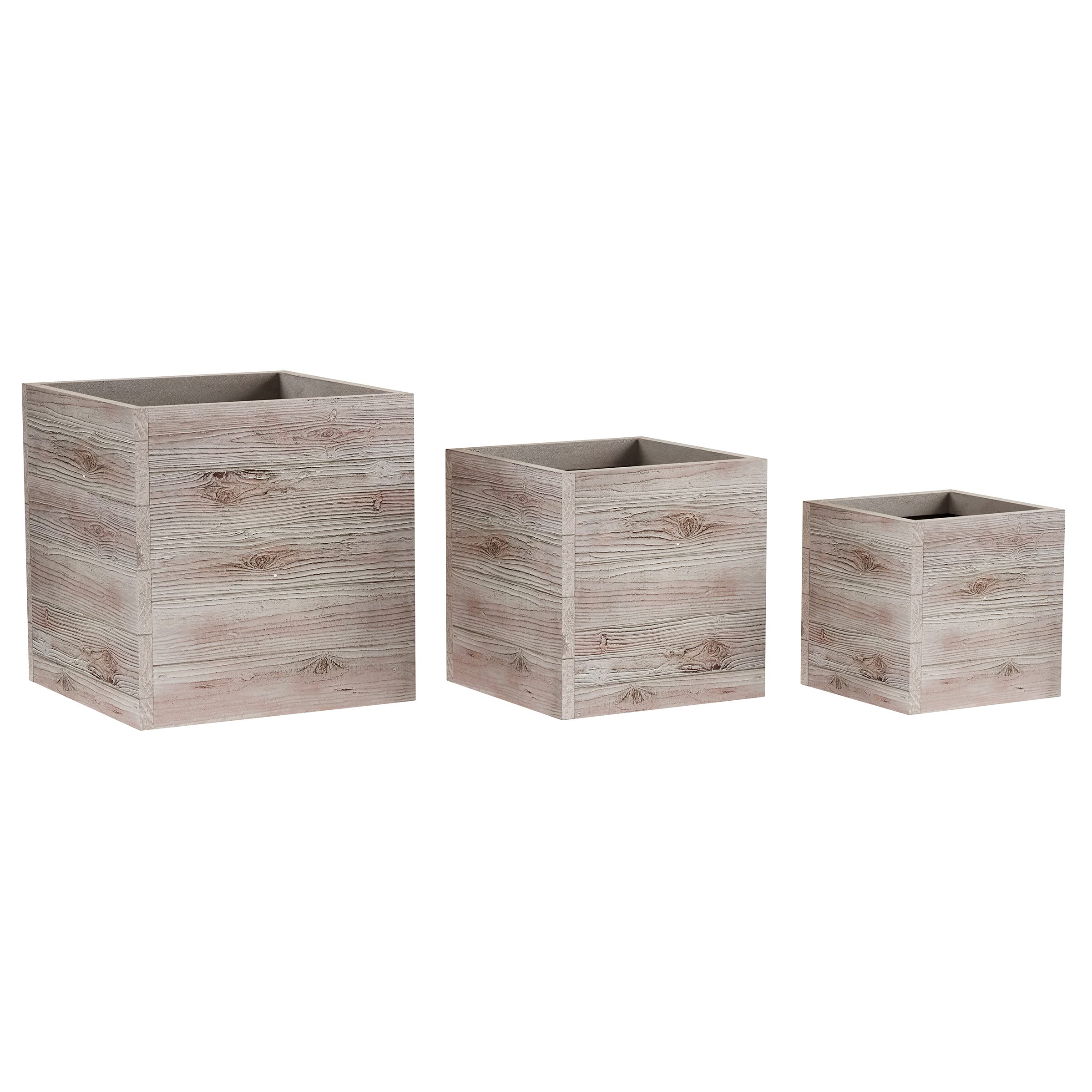 3-Piece Square Planter Set Rustic Wood-Look w Drainage Holes