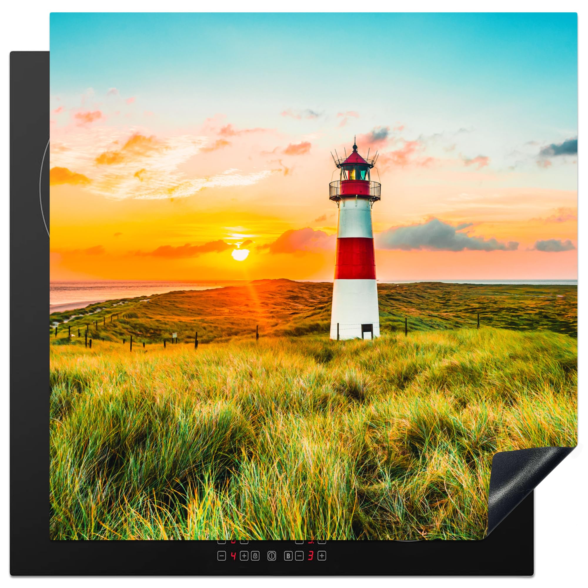 KitchenYeah© Induction Hob Cover Protector Mat 30.7"x30.7" / 78x78 cm Kitchen Universal Ceramic Covers for Electric Cookers Vinyl Lighthouse - Nature - Sun - Landscape - Grass - Beach