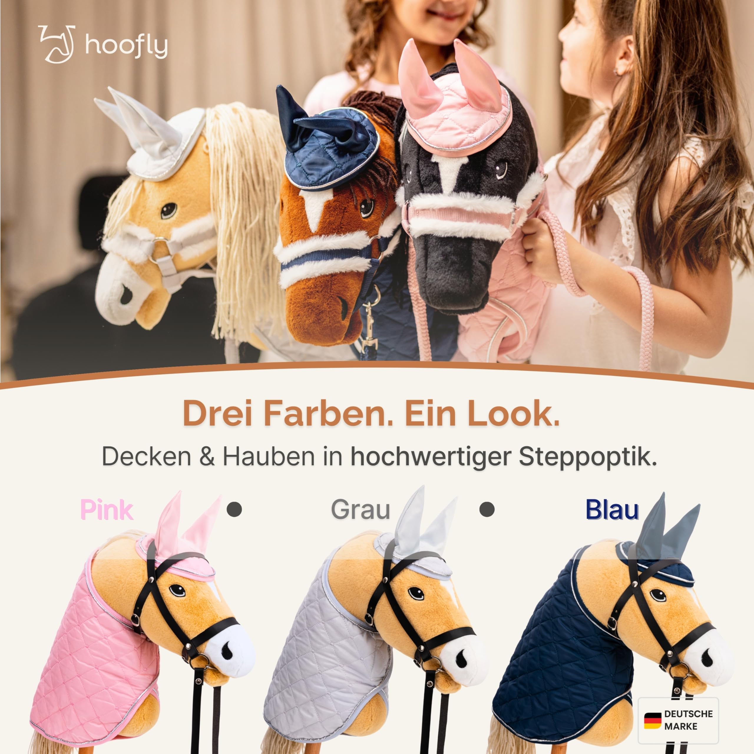 Hobby Horse Set di accessori – Coperta e cuffia per mosche in rosa per hobby Horses [certificato TÜV] – Attrezzatura di alta qualità nel set – Ideale per giochi e allenamento