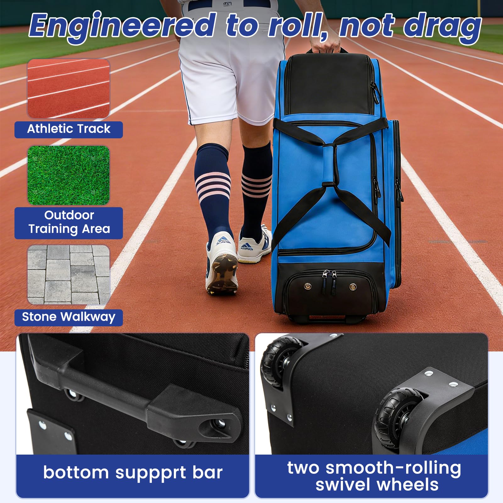 Rollende Baseballtasche mit Rollen, große Softballfänger, Ausrüstungstaschen für 4 Schläger mit separatem Schuhfach und Zaunhaken.