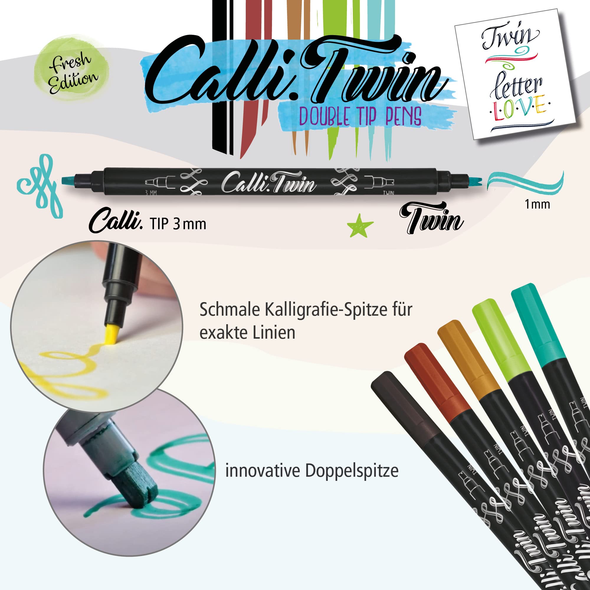 Online Calli.Twin Fresh, Double Line Pen, zestaw 5 pisaków do ręcznego pisania, z podwójną końcówką, zestaw do kaligrafii, końcówka do kaligrafii i rozdwojona końcówka do bullet journal, akwareli