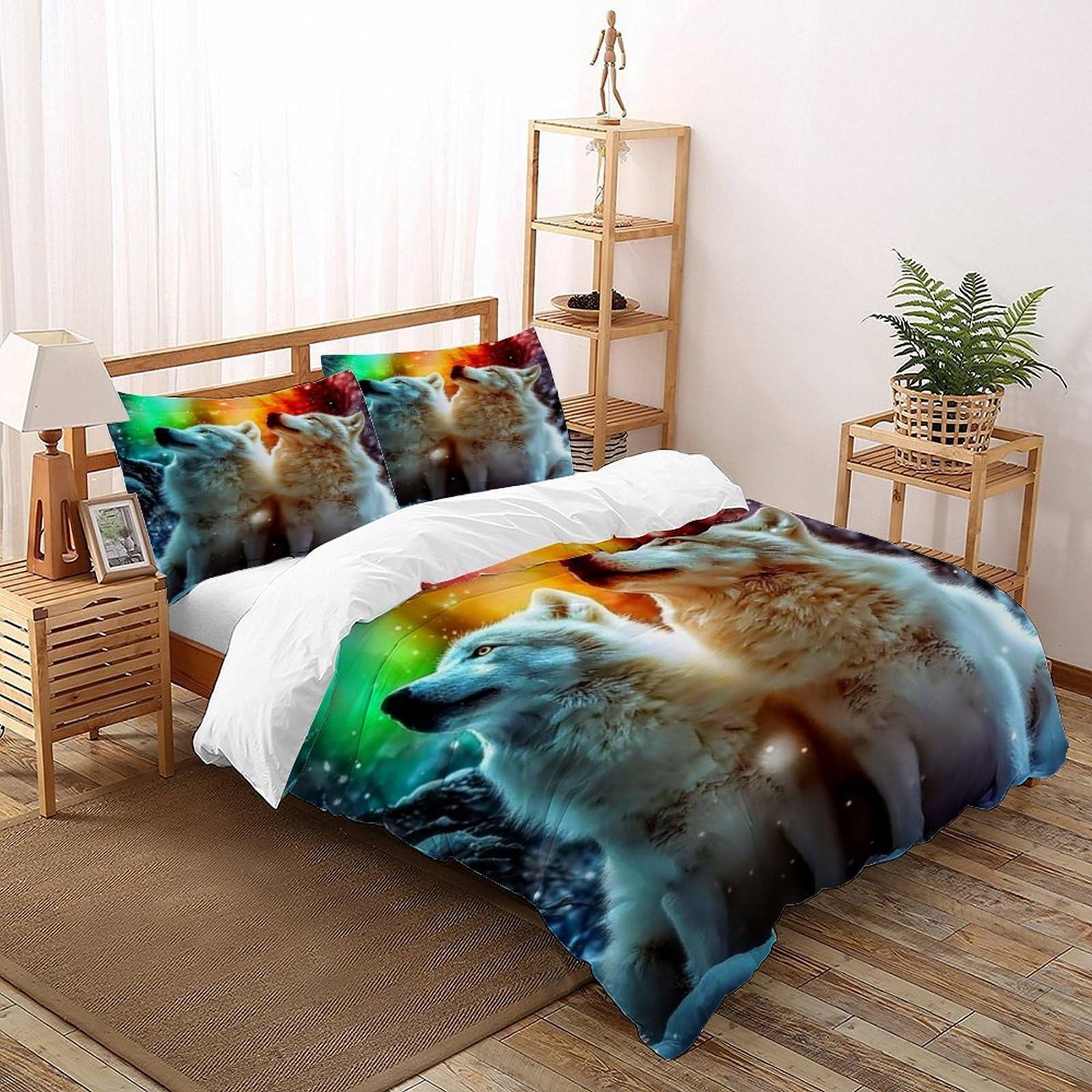 Housse de couette loup parure de lit animaux de la forêt microfibre 3 pcs
