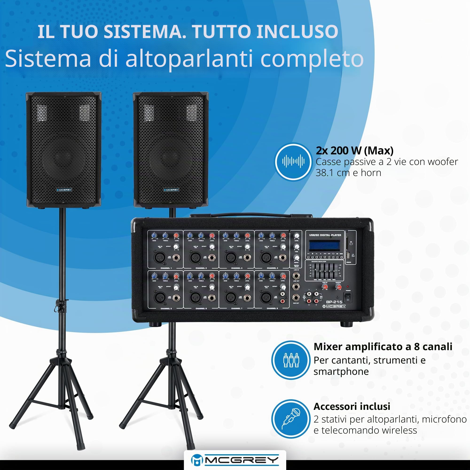 McGrey BP-215 Bandpack PA-System: mixer amplificatore 8 canali, riverbero digitale, Bluetooth, slot USB/SD, casse 2 vie 15" woofer, microfono, supporti, cavi, 150 Watt.