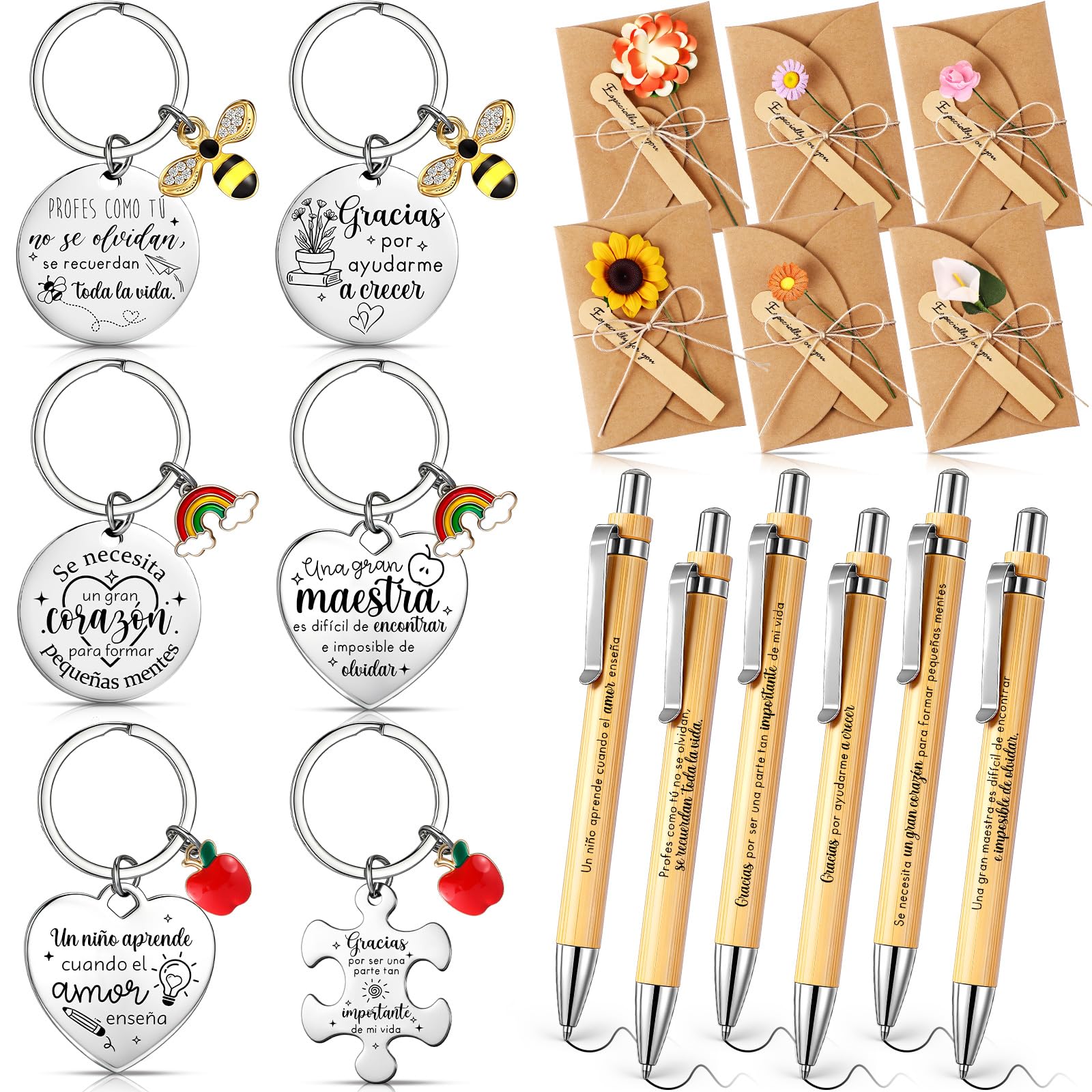 Jetec 6 Sets Regalo Maestro, 6 Llavero de Agradecimiento en Español, 6 Bolígrafos de Madera, 6 Tarjetas con Flores Artificiales, Regalo Agradecimiento Profesora Primaria para Navidad Jubilación
