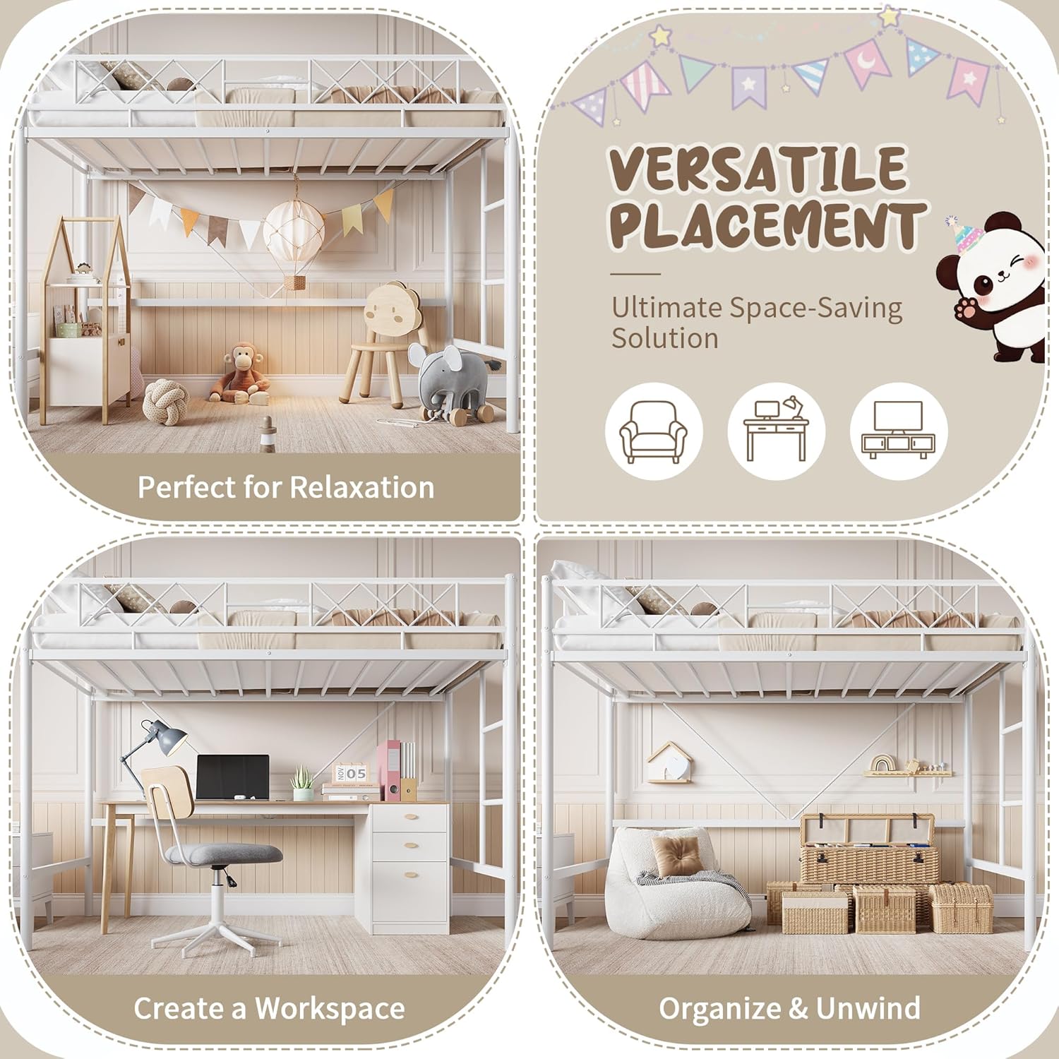 Garvee Loft Bed Twin Size for Teens & Adults, Metal Loft Frame with Safety Guardrail & Flat Ladder Rung, Heavy Duty Steel Slats, Space Saving Design, No Box Spring, White