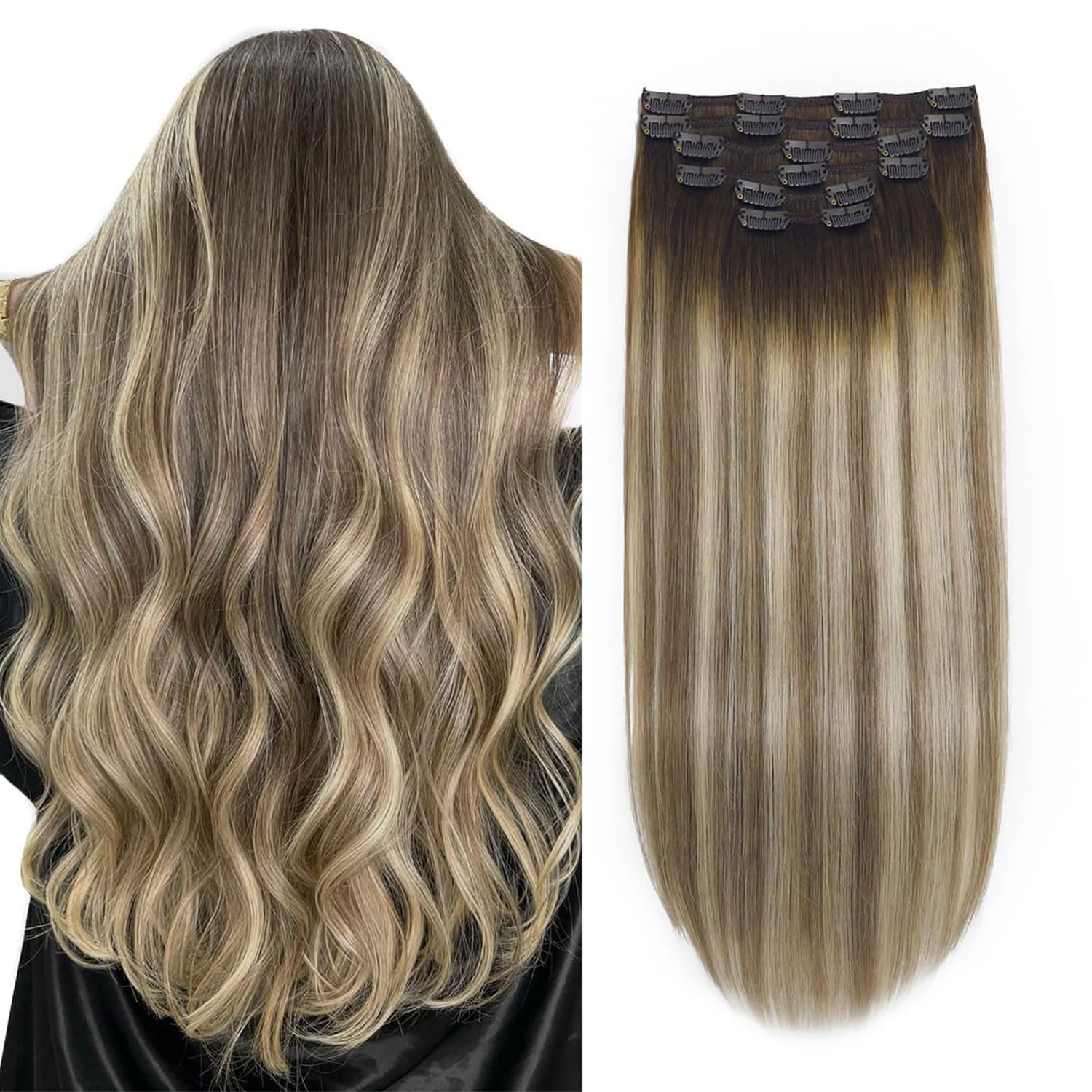 XDhair Extension Cheveux Naturel Clip 35cm 6pcs 100g Brun Noisette à Brun Cendré et blond cendré Extention de Cheveux Humains Vrai Cheveux #3/8/22 14pouces
