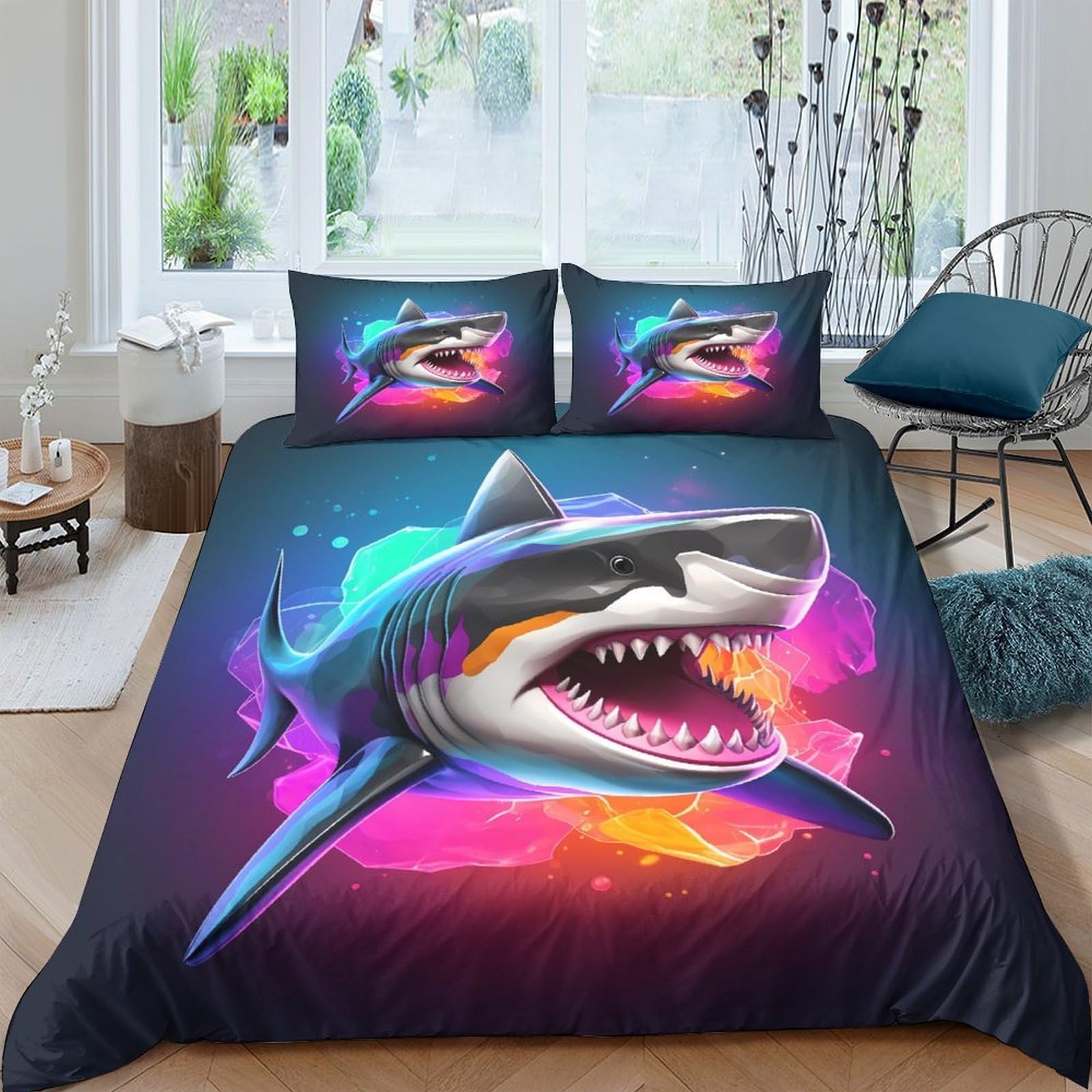 Ctjqhvkz Style-7 3D Printed Neon Shark Fitted Sheet Microfiber Soft Breathable Ocean Wave Mattress Cover For Bedroom Dorm Room Decor Single（135X200cm）