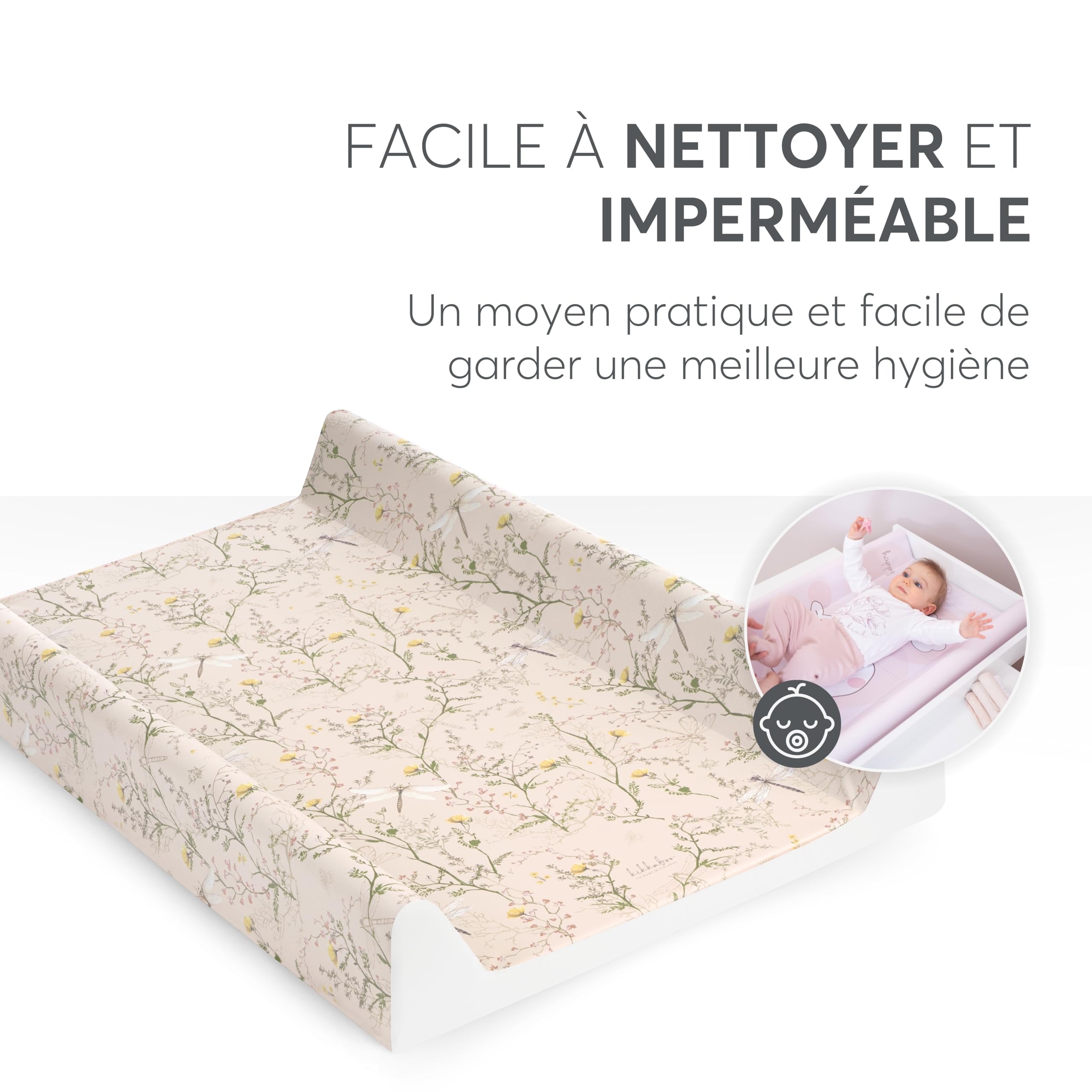 Matelas a langer pour bébé KikkaBoo SECRET GARDEN, matelas a langer en PVC souple 80x50 cm, imperméable et portable, beige