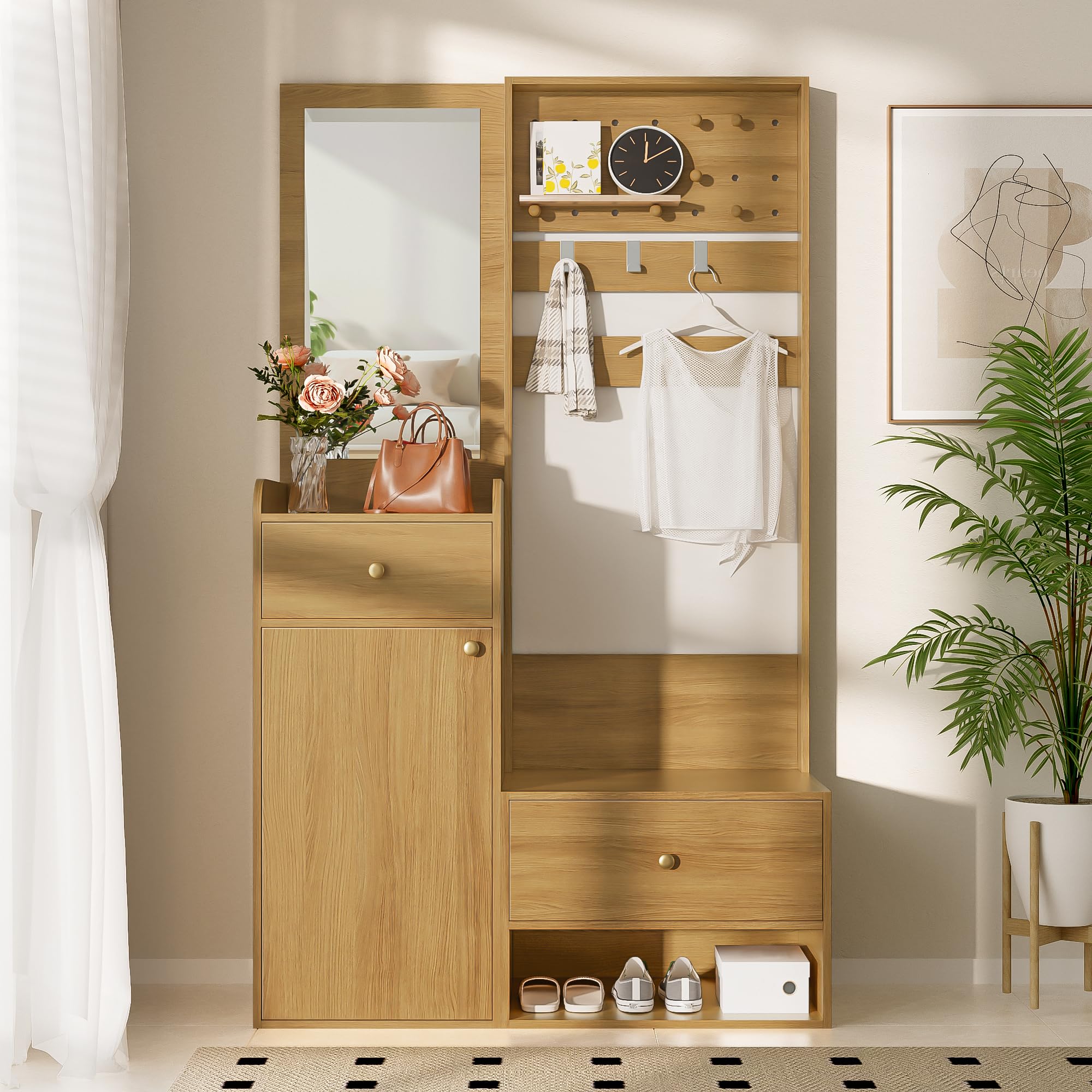 Perchero compacto con espejo, moderno estante de entrada para pasillo con ganchos ajustables y estantes, para zapatos, abrigos y objetos pequeños, blanco, 105 x 38 x 180 cm (color madera)