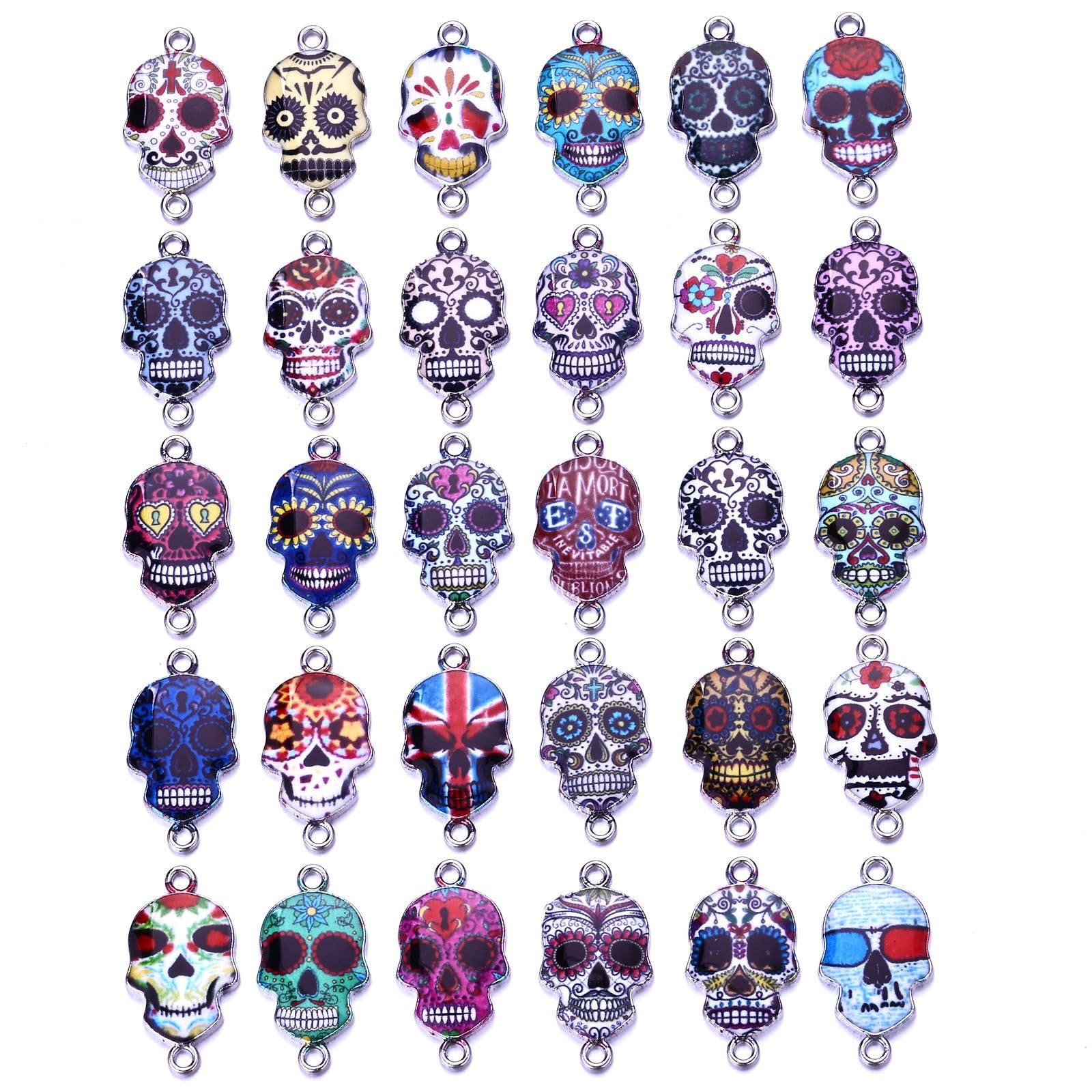 MANLOUFUSHI 30 Pieces Skull Enamel Charms Halloween Charms for Jewelry Making Colorful Sugar Skull Charms Pendants for Earrings Necklaces Bracelets DIY Craft Findings, Metal, No Gemstone